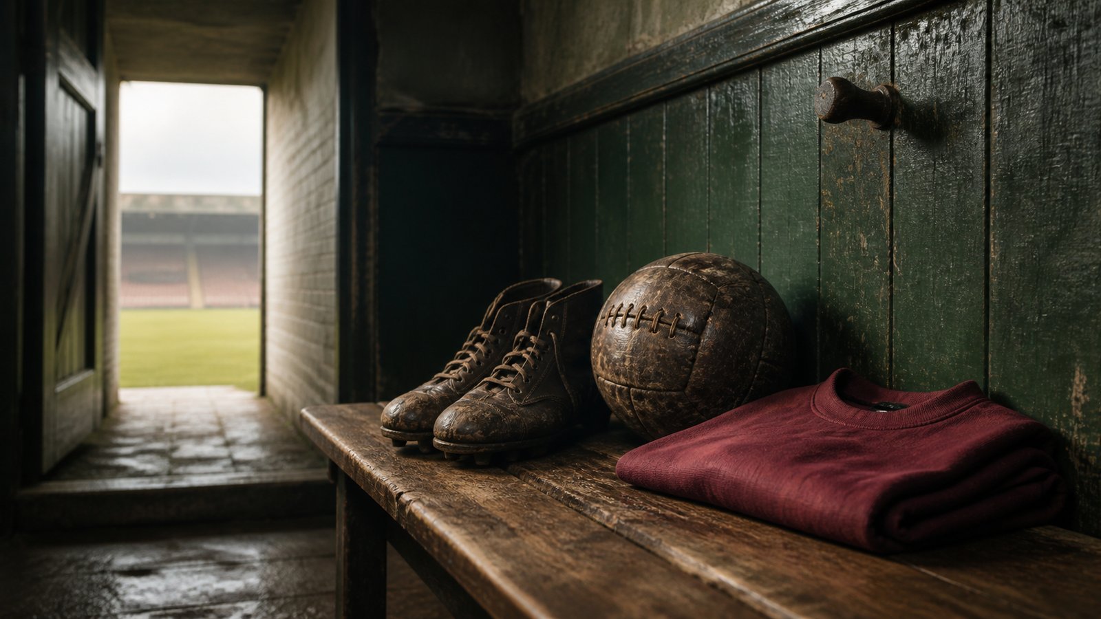 A pair of empty 1910s football boots beside a folded plain Northampton-coloured shirt