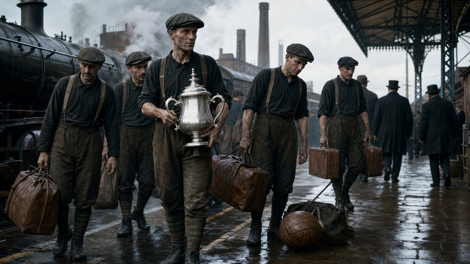 Fictional County Durham amateur footballers return by rail with a blank silver trophy