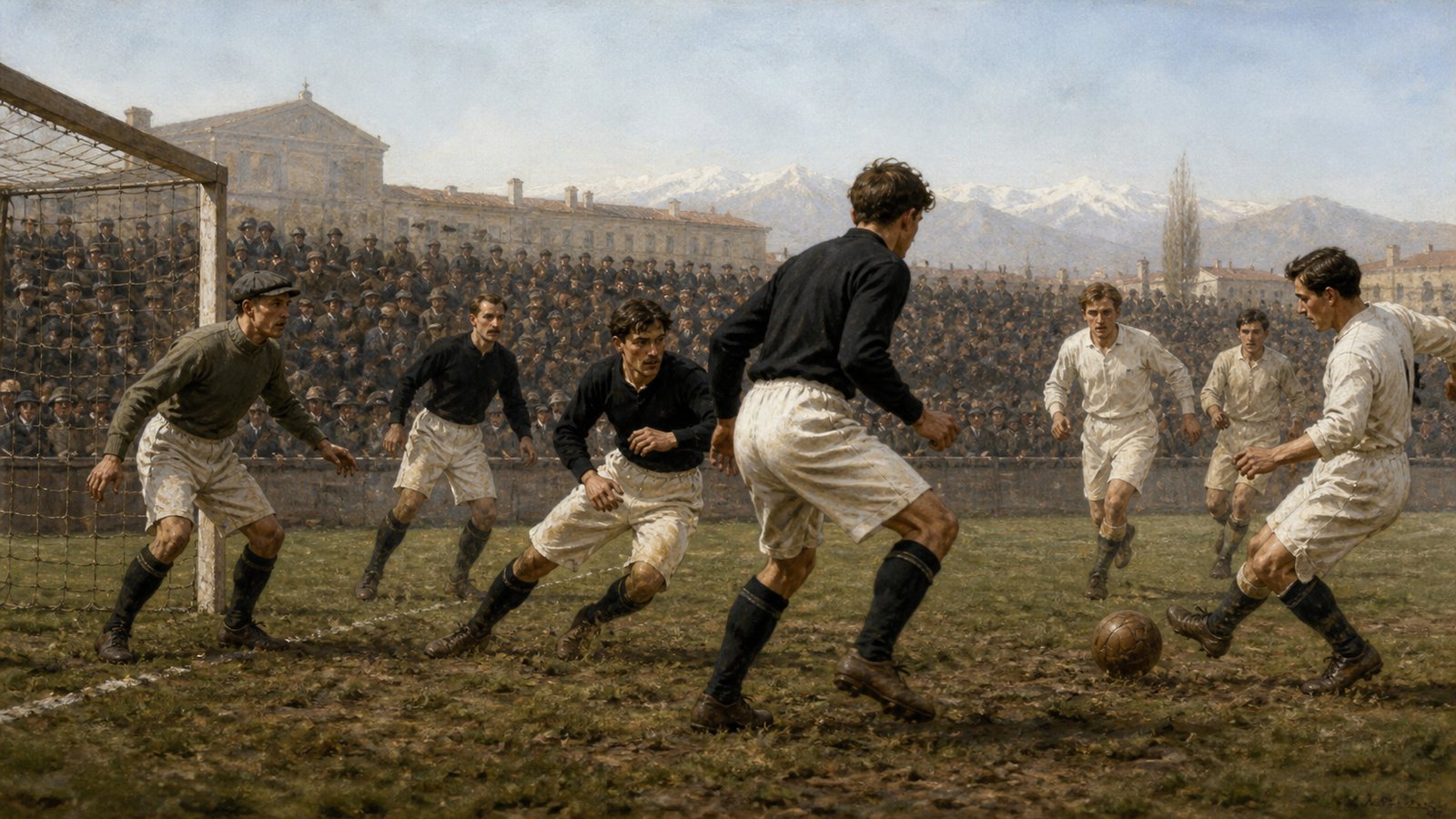 An early twentieth-century amateur team defends a lead in a Turin football ground