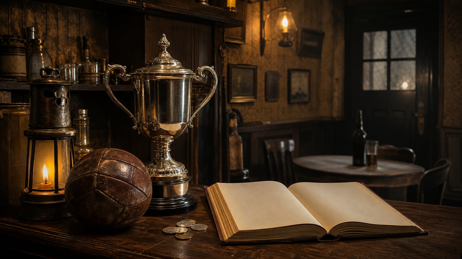 A silver football trophy stands in a modest County Durham inn beside an old ledger