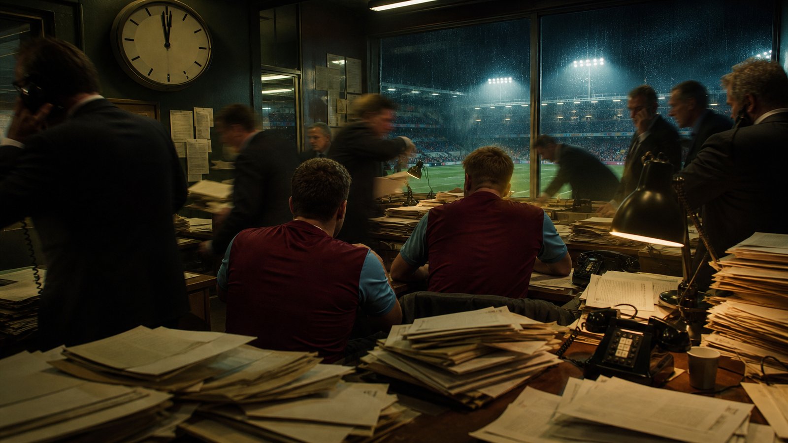 Football executives reviewing transfer papers late at night before a deadline
