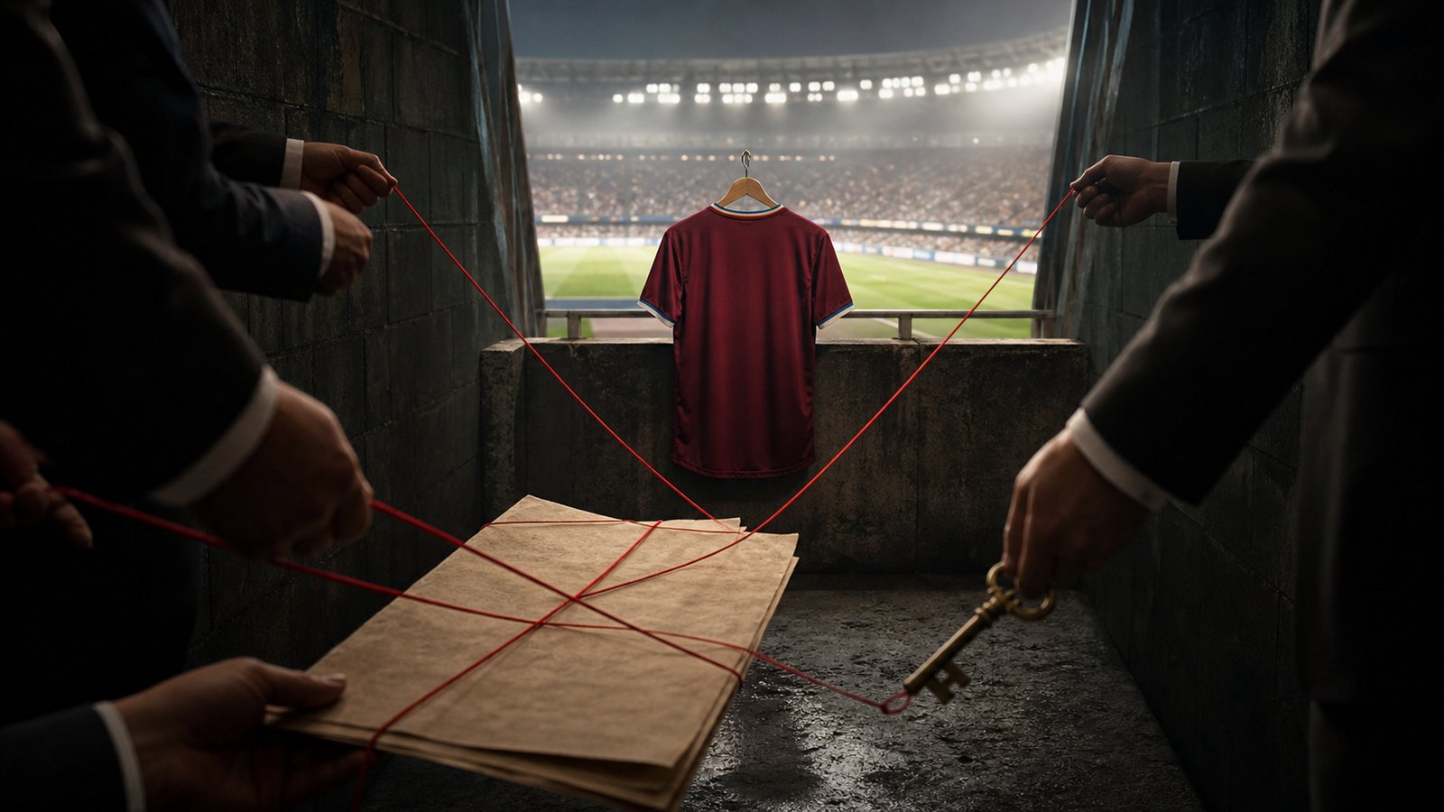 Close view of contract clauses and transfer documents beside a stadium tunnel