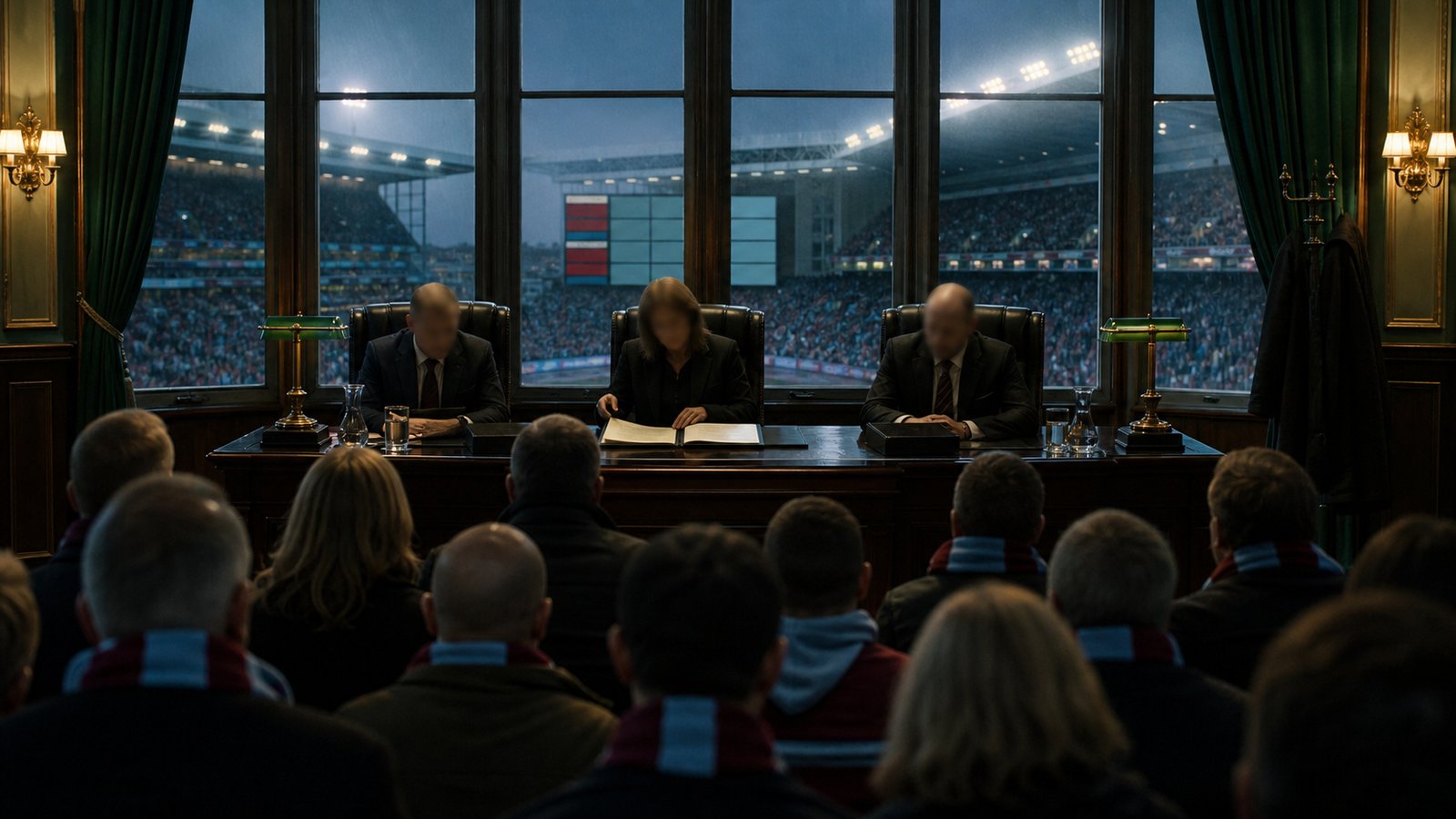 Independent football commission hearing with a relegation table visible in the background