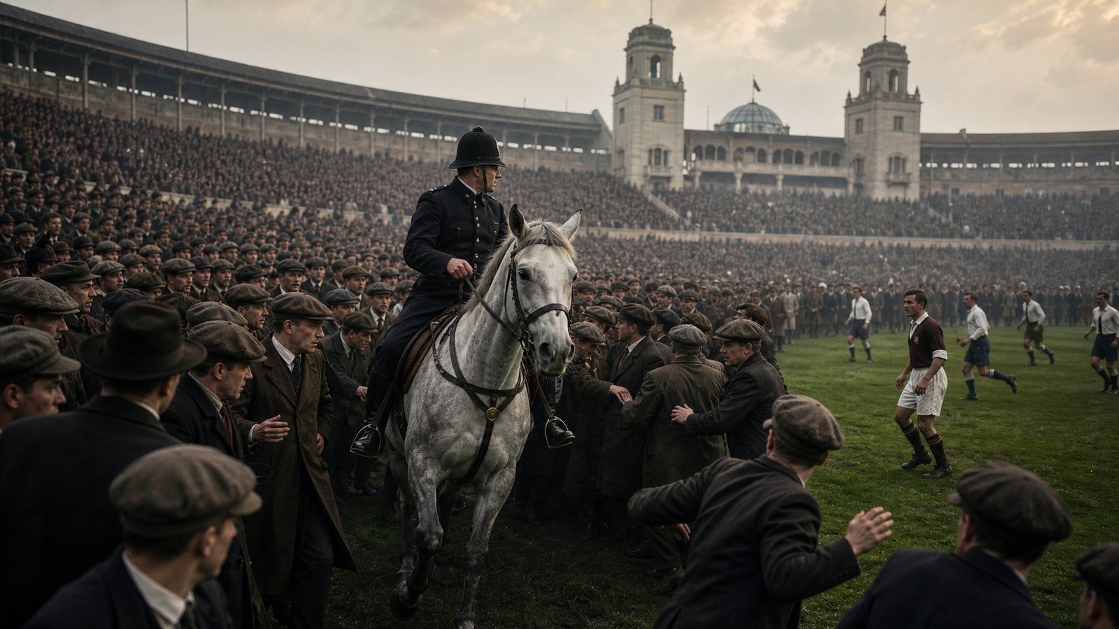 A mounted policeman on a grey horse asks spectators to move away from the Wembley pitch