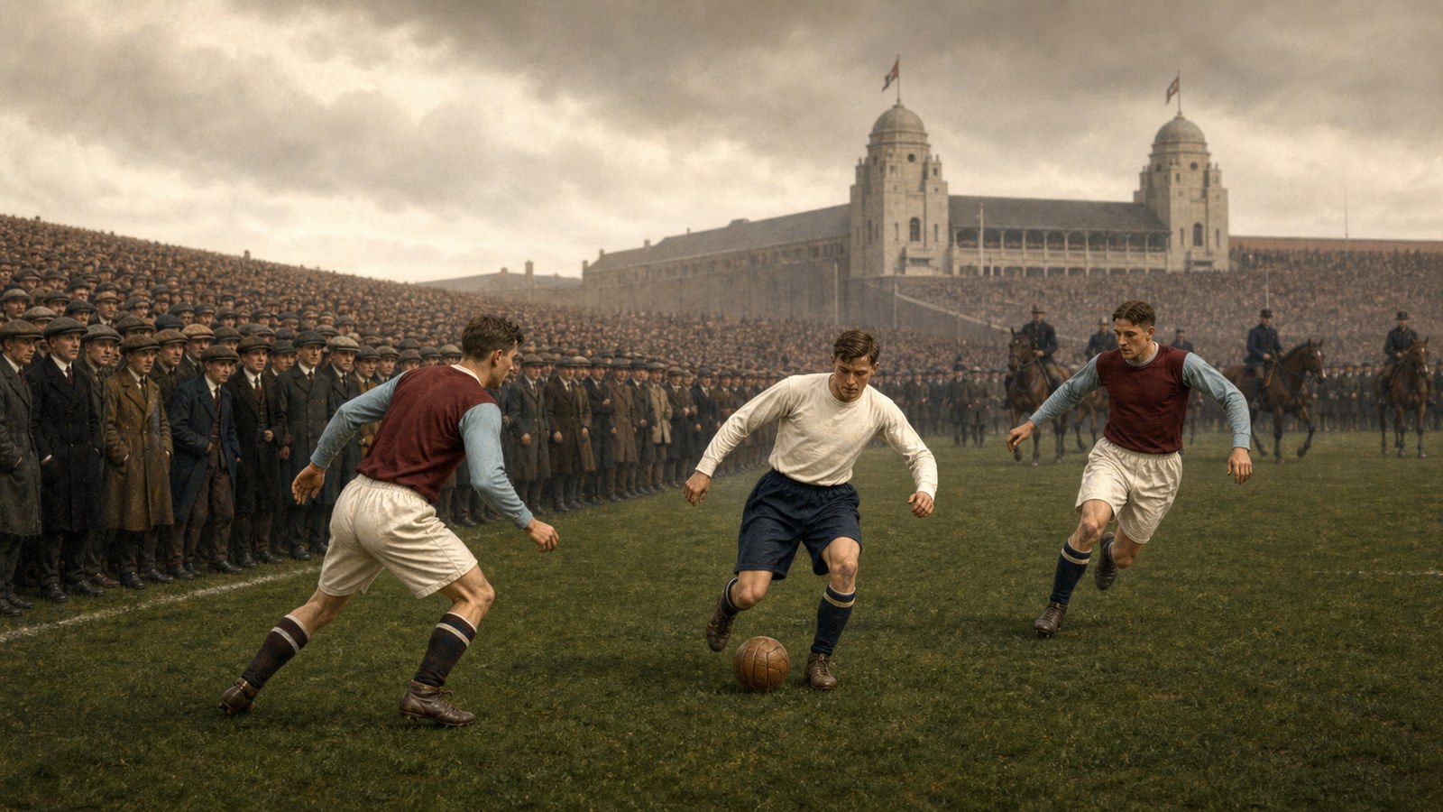 Footballers play the 1923 final with spectators packed immediately beside the touchline