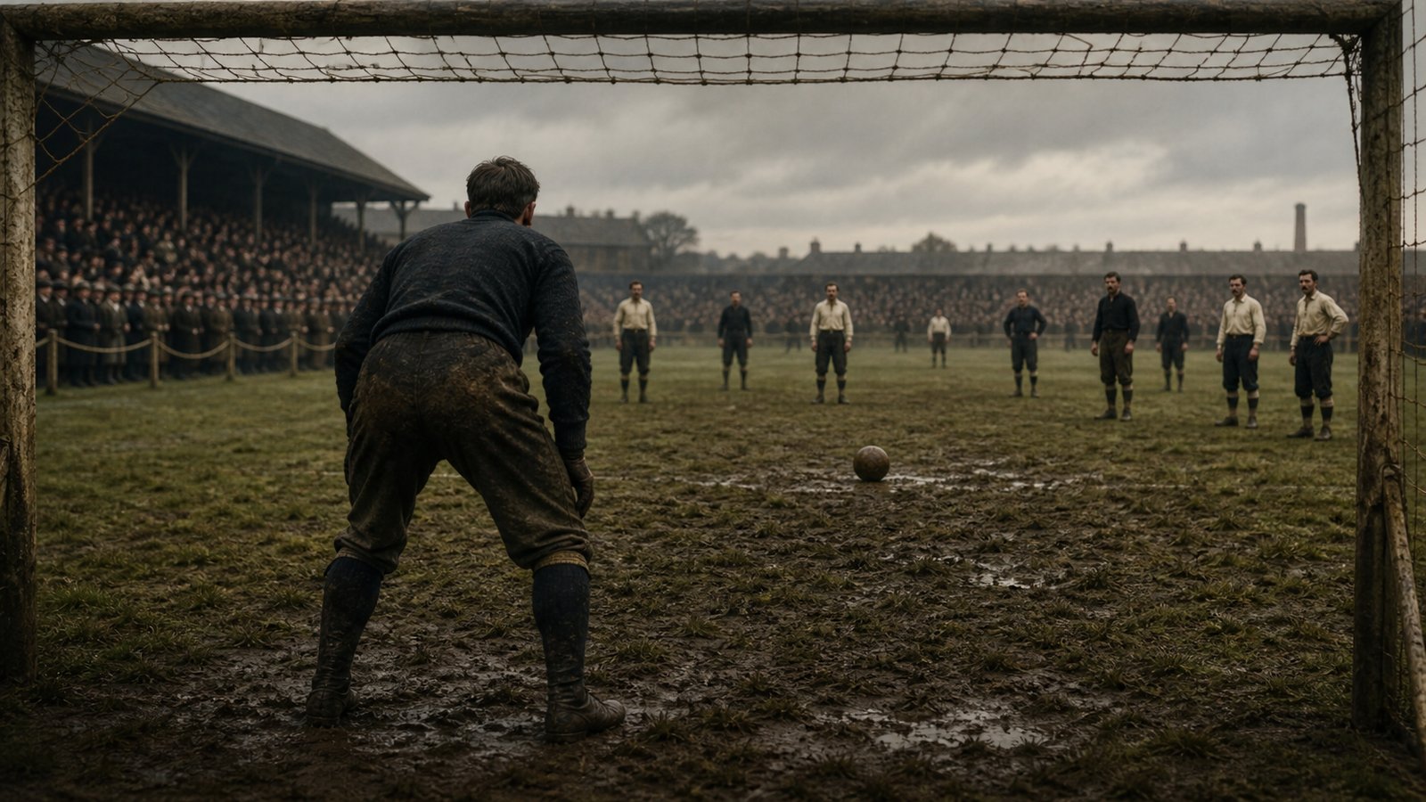 Ten-man Charlton attacking Huddersfield on a muddy pitch at The Valley in 1957