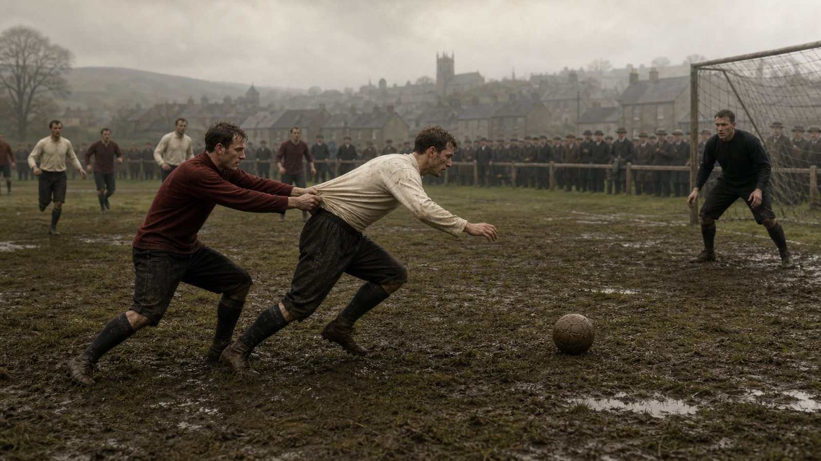 A late Victorian goalkeeper in muddy plain kit watches a forward pulled down near goal