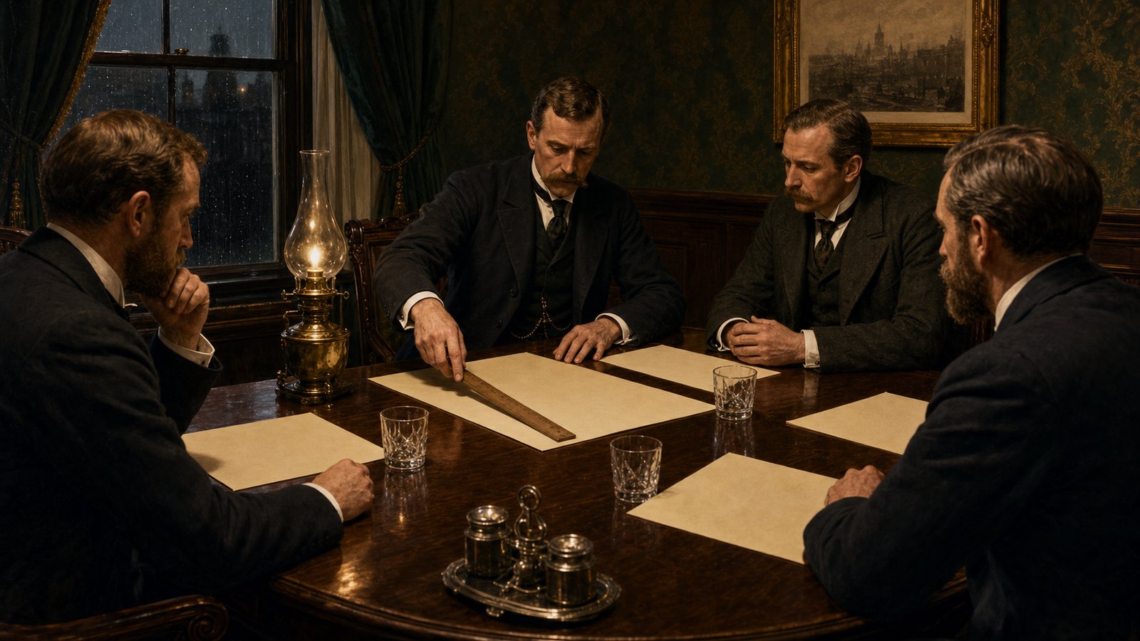 Football rule delegates examine a blank pitch diagram in an 1891 Glasgow hotel room