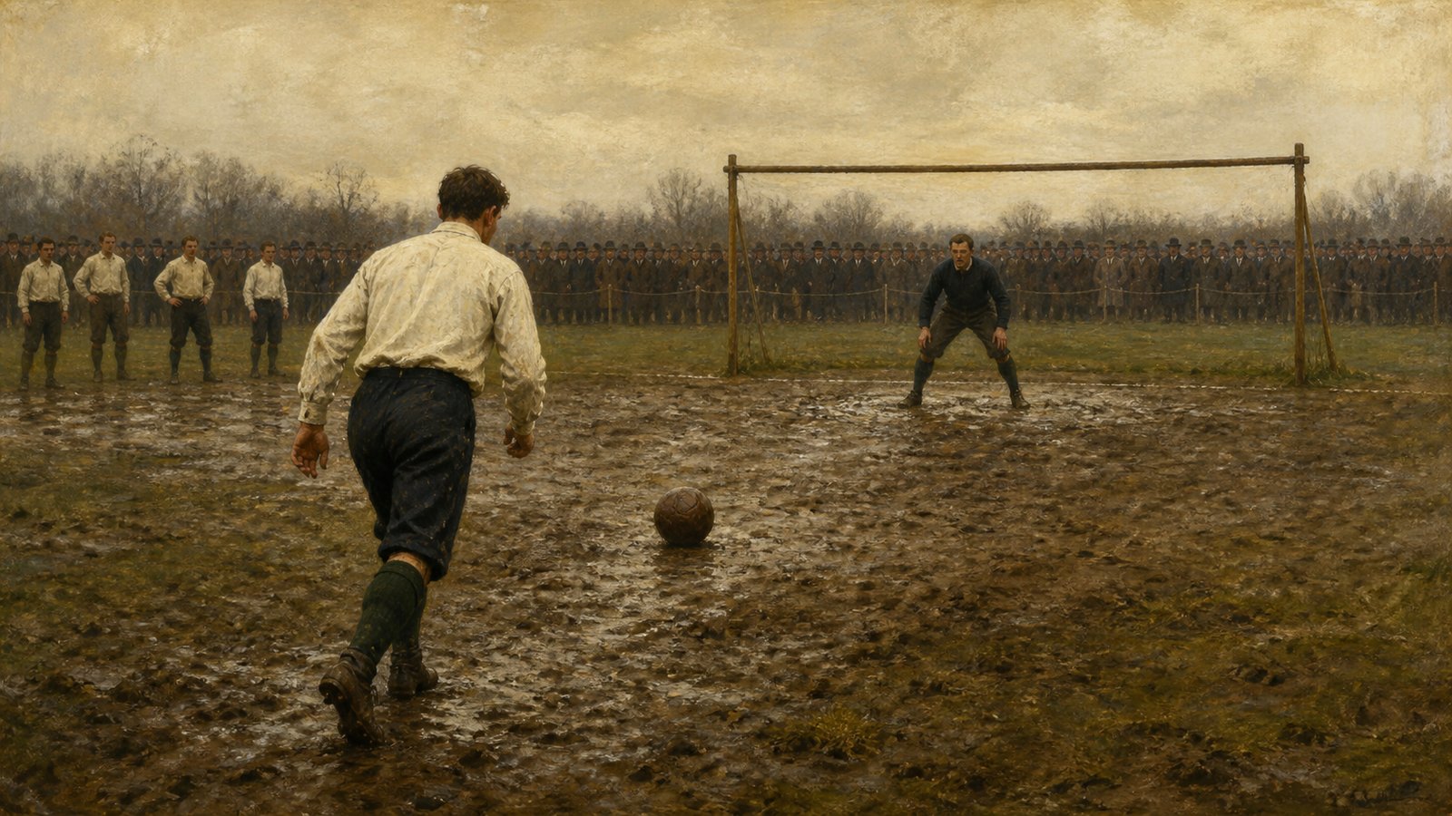 A late Victorian player prepares to take an early penalty from a twelve-yard line