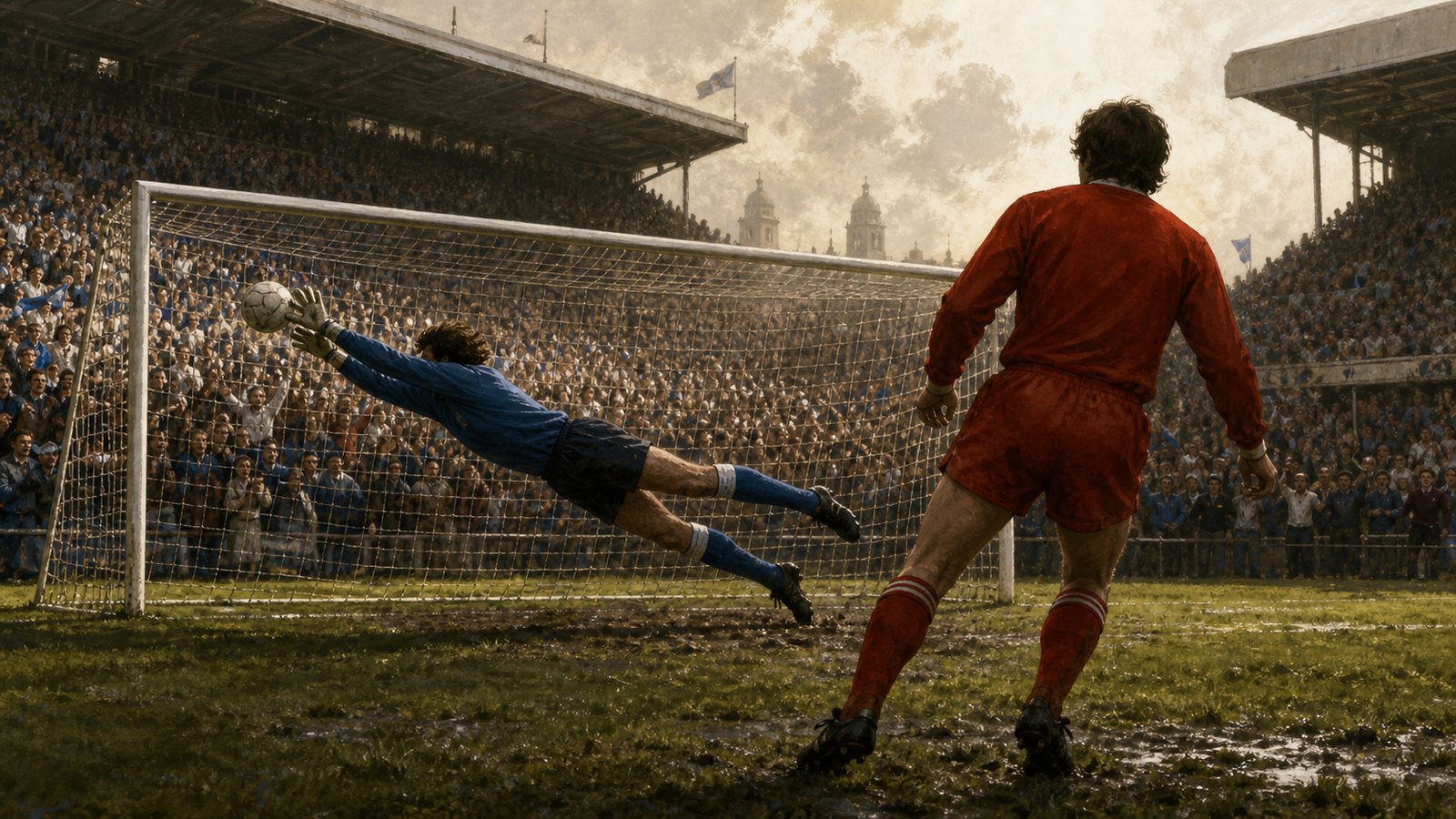 A fictional blue-clad goalkeeper diving left to save a penalty in a packed 1980s Wembley-style stadium