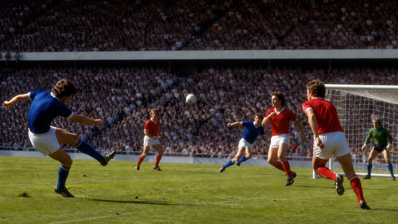A generic blue-clad underdog team preparing a free kick at a packed 1980s Wembley-style stadium