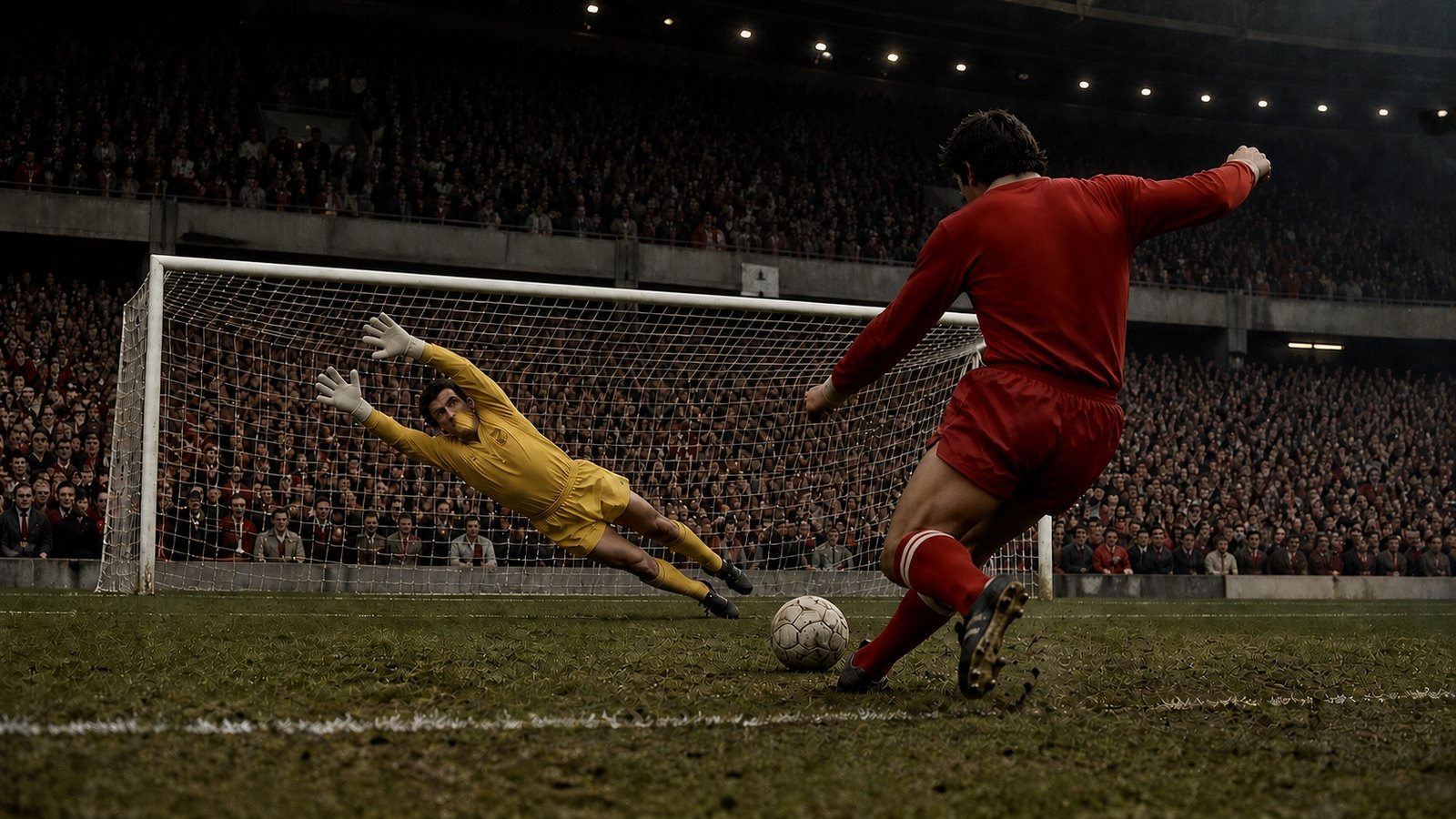 A captain goalkeeper in yellow diving left to save a penalty in a 1980s cup final
