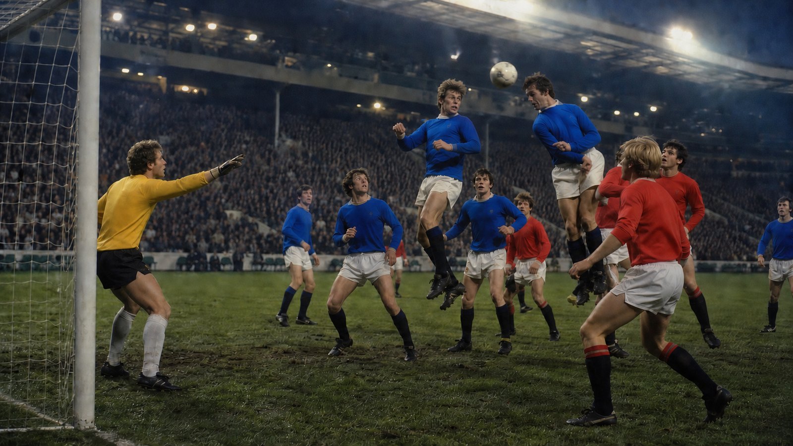 A generic blue-clad defence protecting a one-goal lead beneath Wembley-style floodlights
