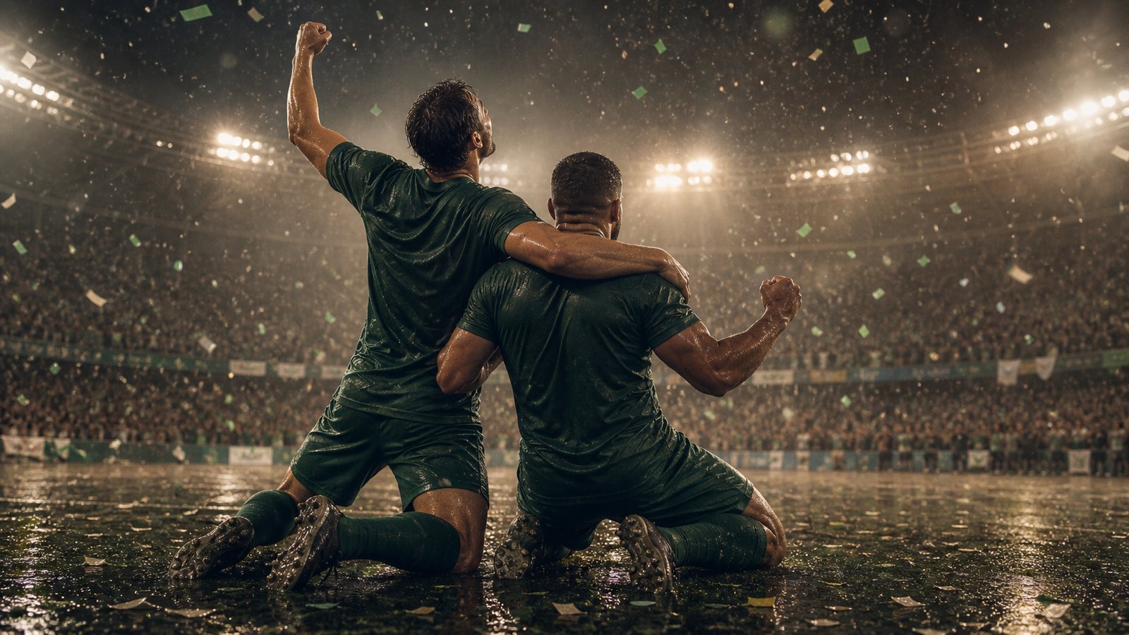Two fictional strikers in plain green kits celebrate an underdog German championship from behind