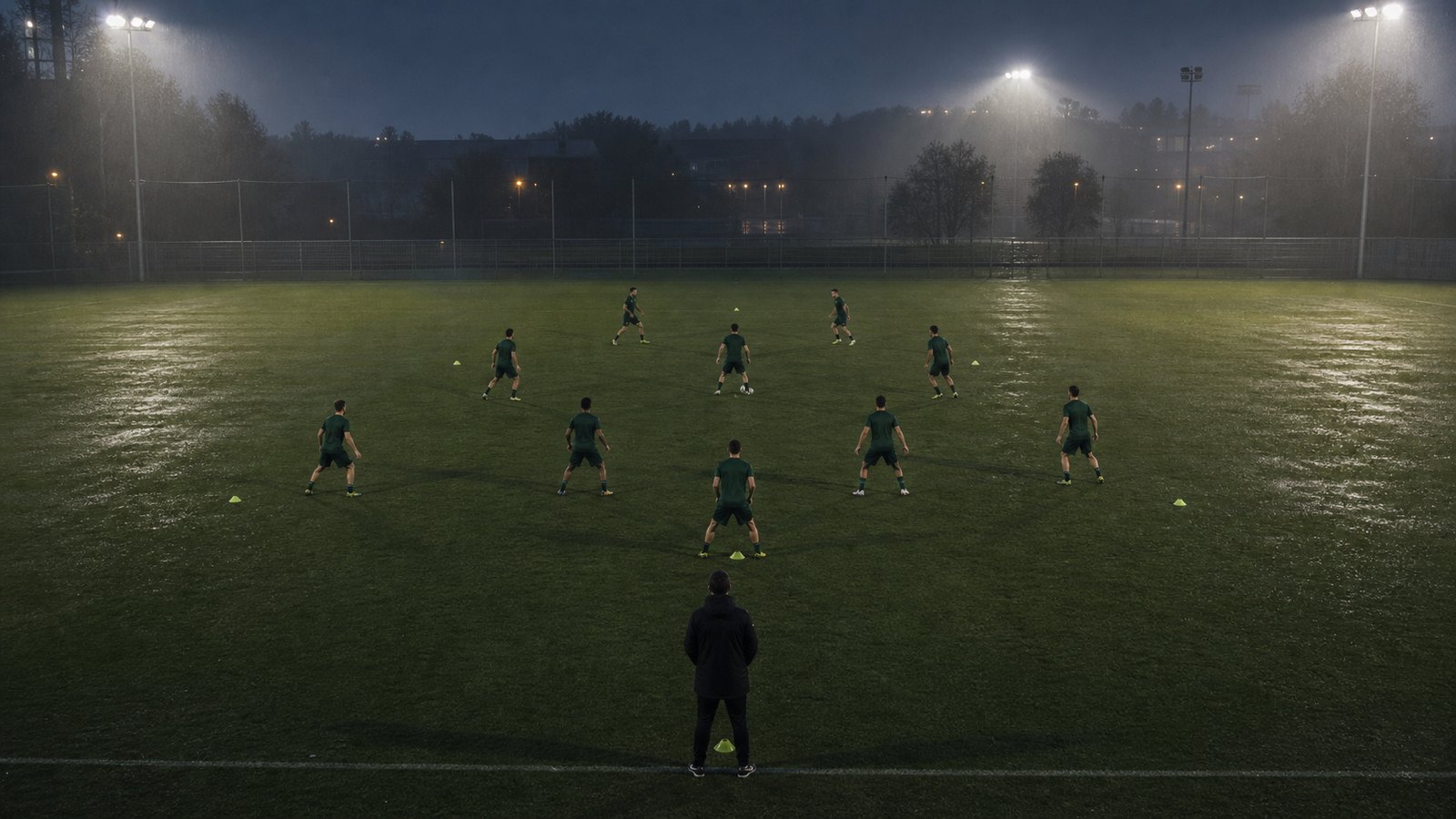 A fictional Wolfsburg-inspired team in plain green kits trains in a narrow diamond shape beneath winter floodlights