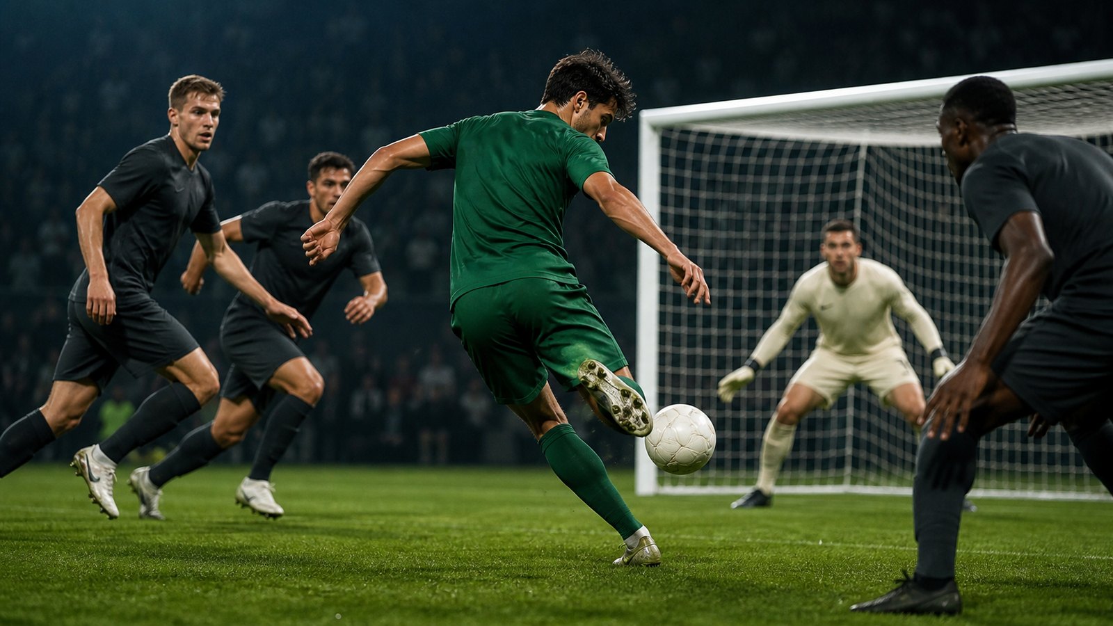A fictional striker in a plain green kit backheels a ball past defenders in unbranded red kits
