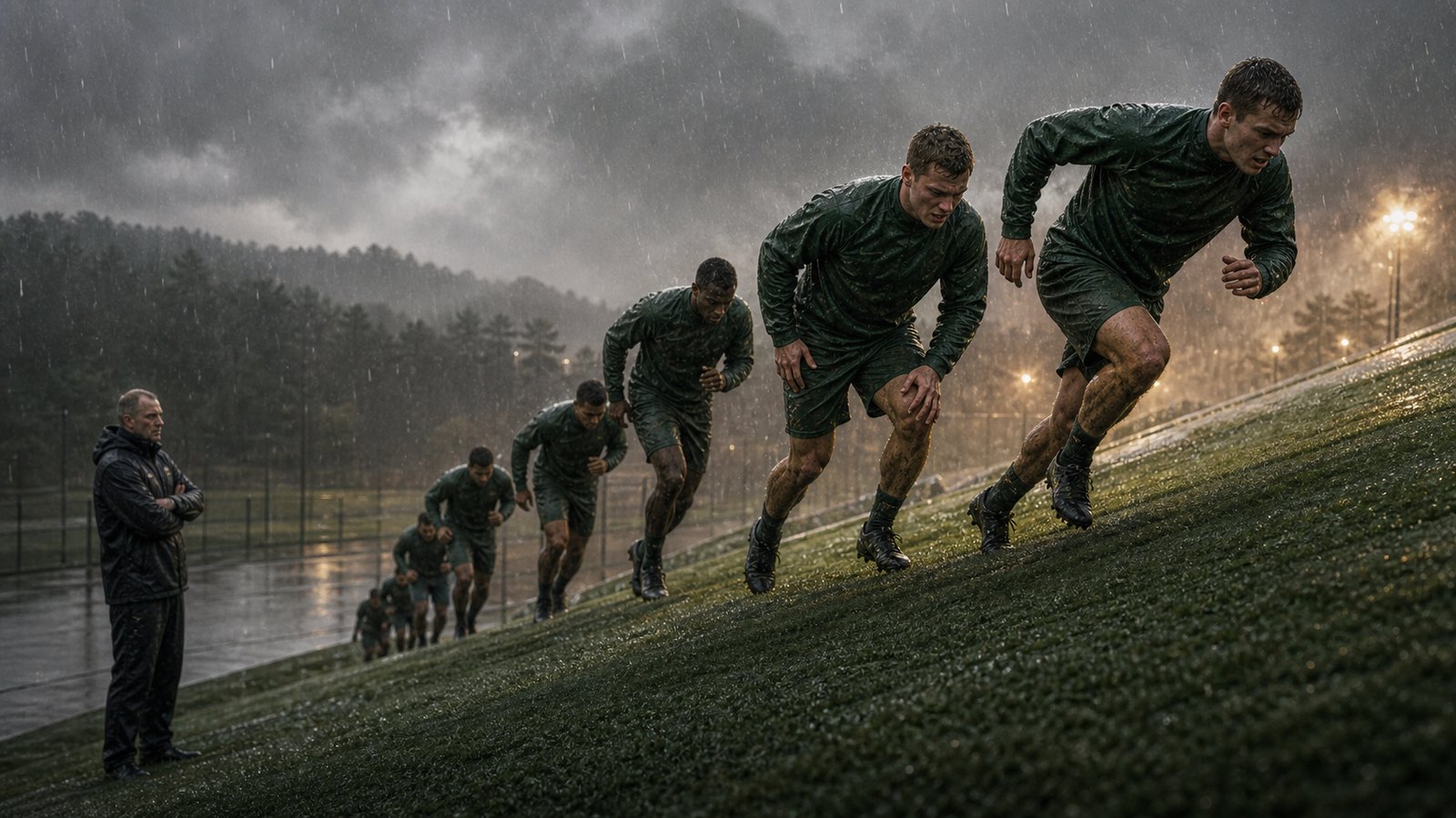 A fictional football squad runs up a steep training hill in cold rain while a coach watches