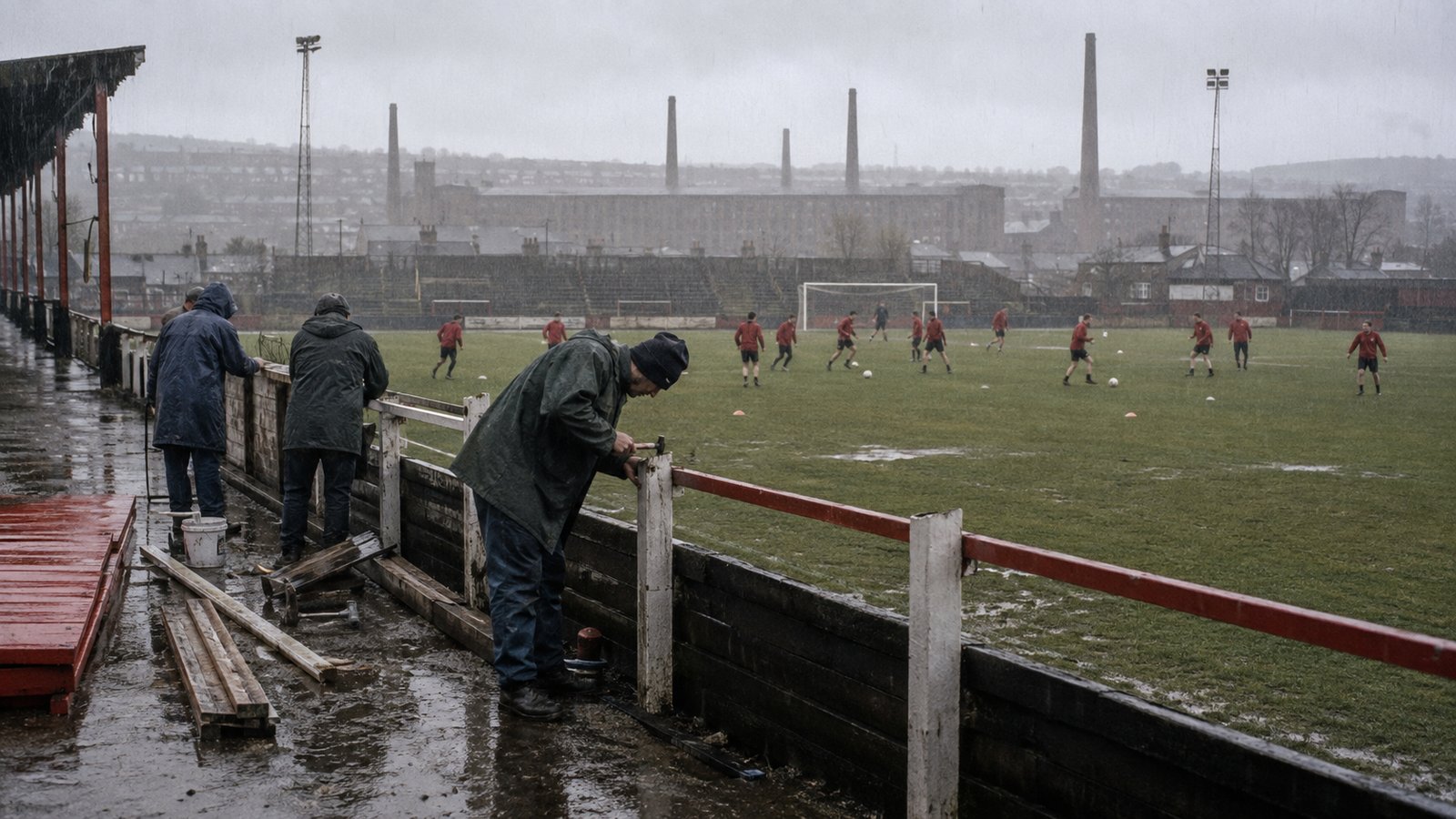 Accrington players training on a sparse non-League ground beneath Lancashire mill chimneys