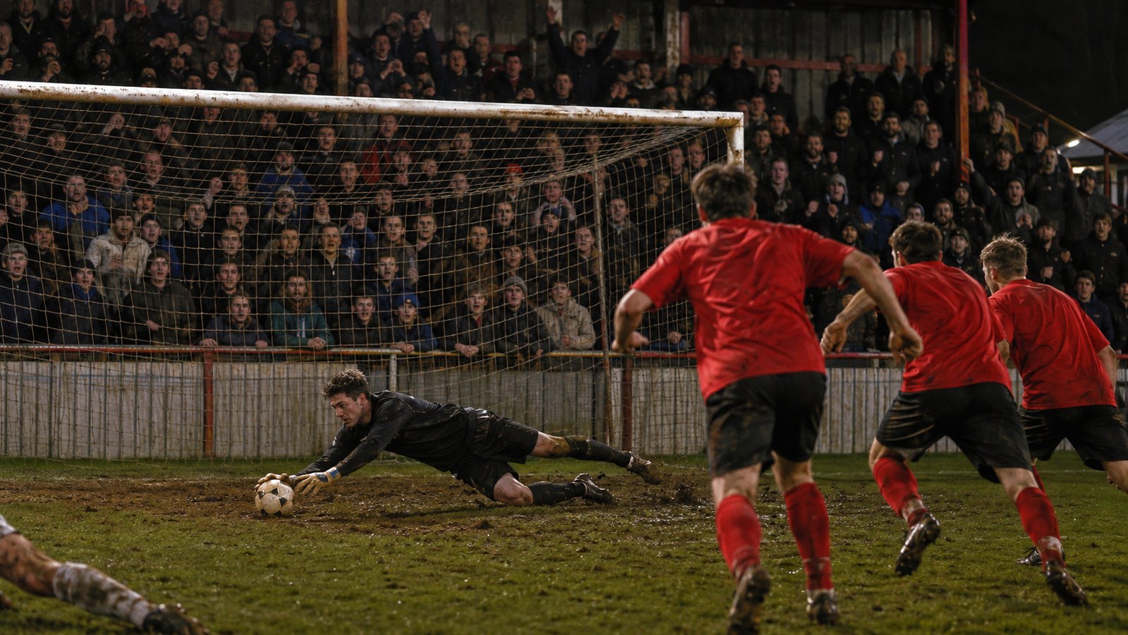 A fictional red-shirted goalkeeper saving a retaken penalty at Woking as traveling supporters react