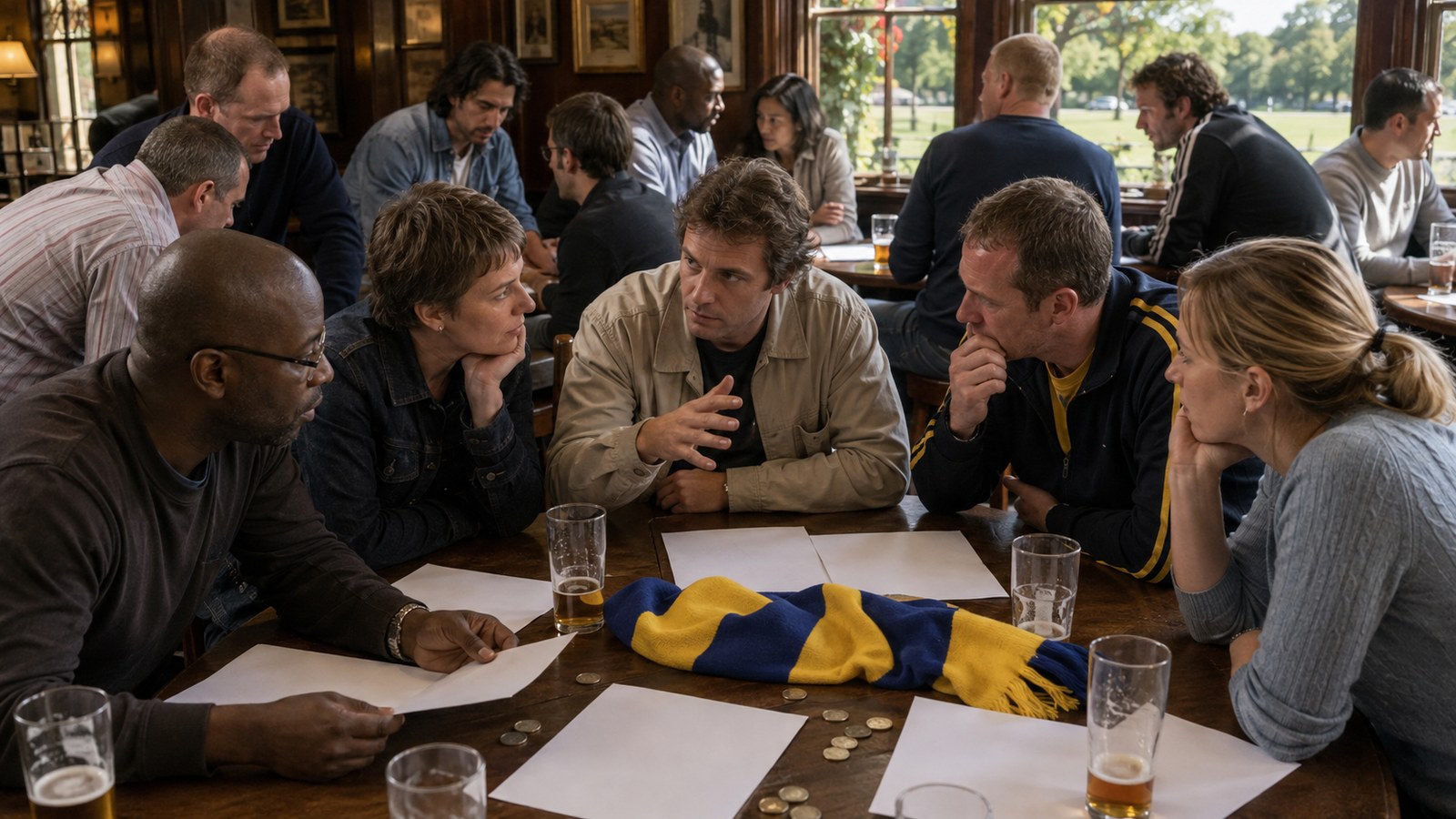 Supporters meeting around pub tables on Wimbledon Common after the 2002 relocation ruling