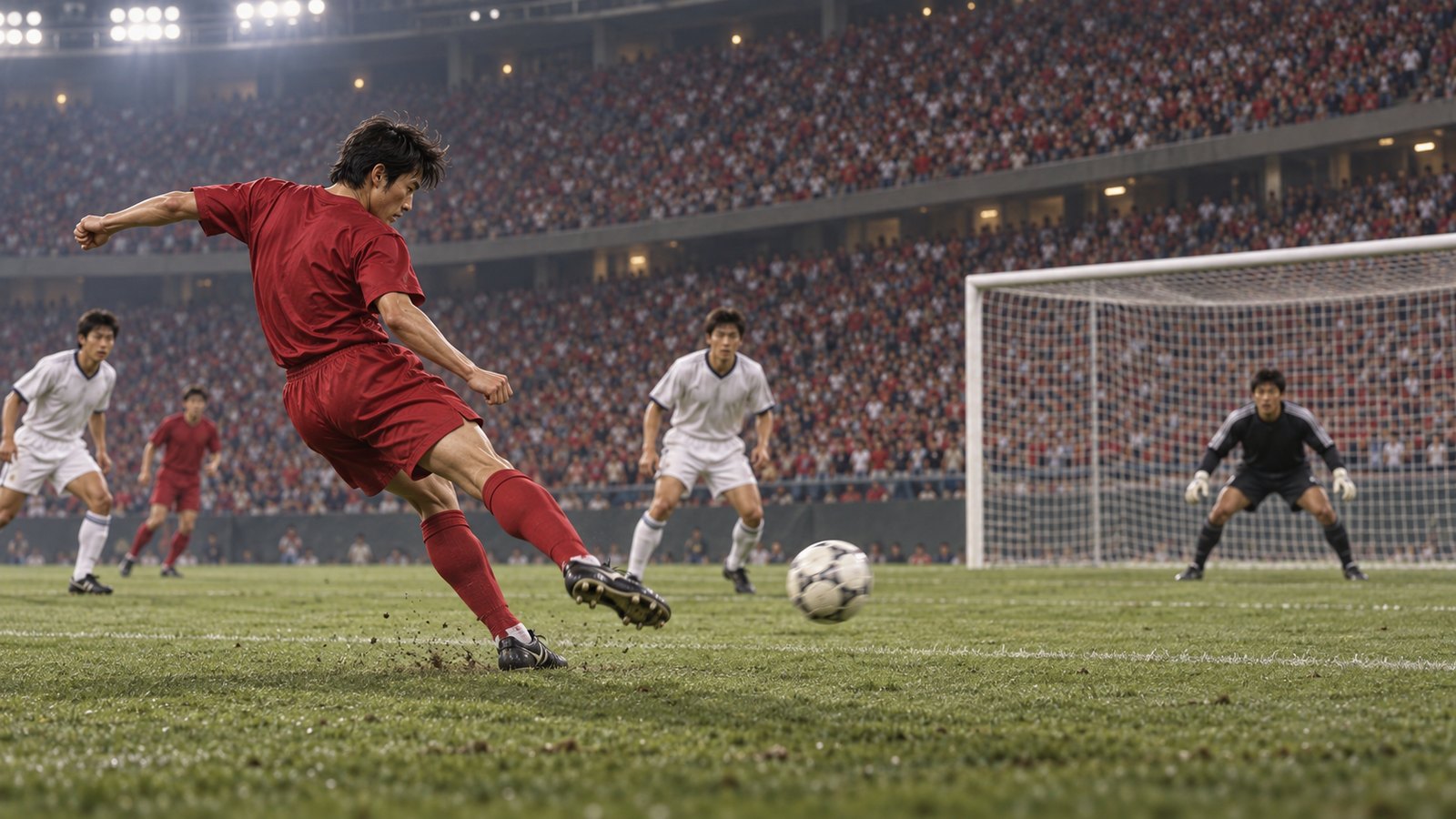 A fictional South Korean forward striking the ball in a packed 2002 warm-up match