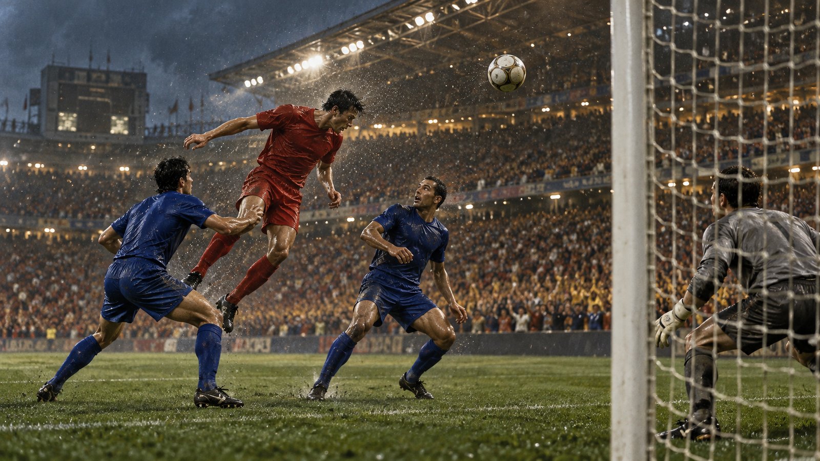 A fictional red-shirted forward heading a golden goal in a 2002 World Cup stadium
