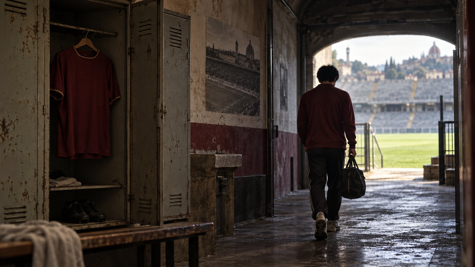A fictional footballer leaving an old Italian stadium tunnel with a plain maroon shirt behind him