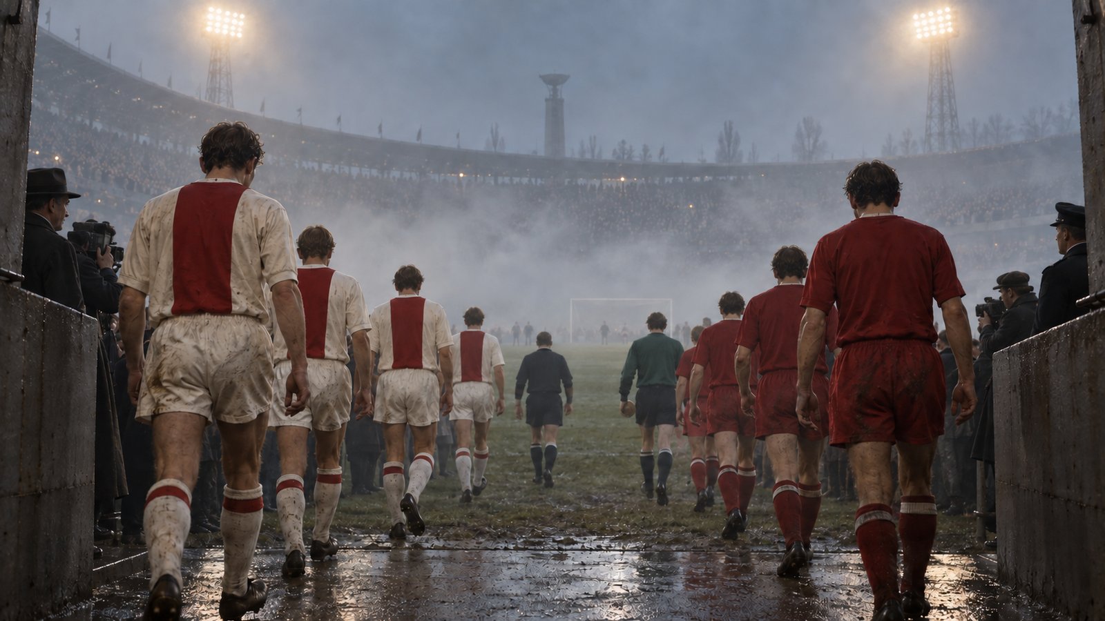 Ajax and Liverpool players walking into a fog-covered Amsterdam stadium in 1966