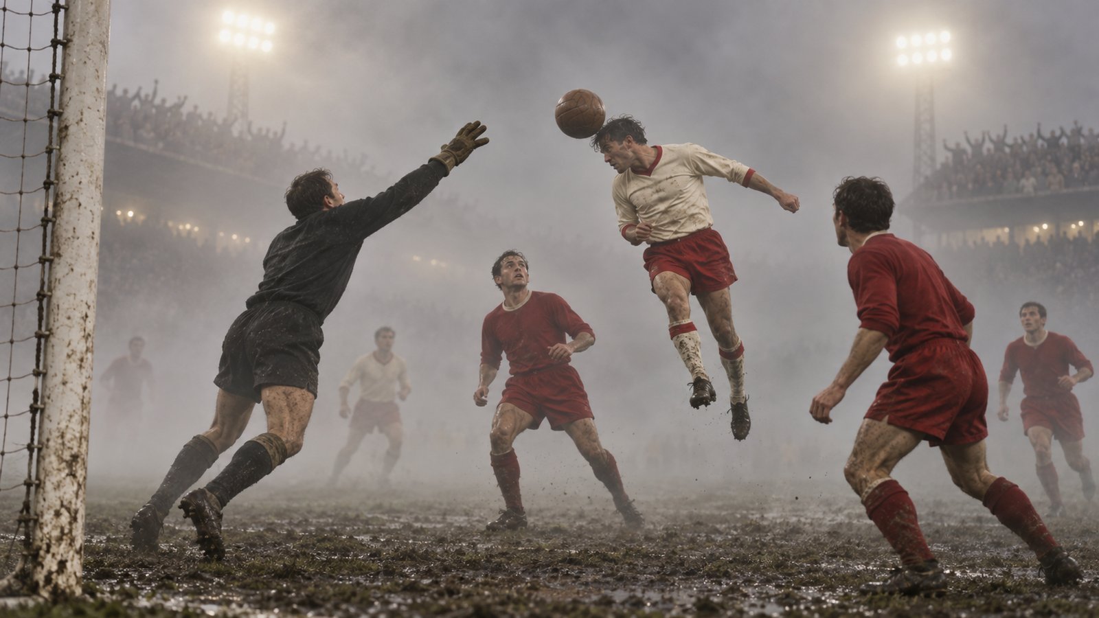 A 1960s football attack emerging through dense fog under Olympic Stadium floodlights