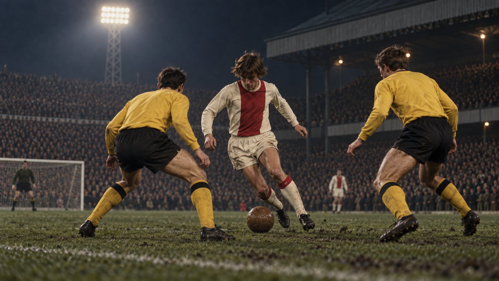 A young Dutch forward carrying the ball through a crowded 1960s European match at Anfield