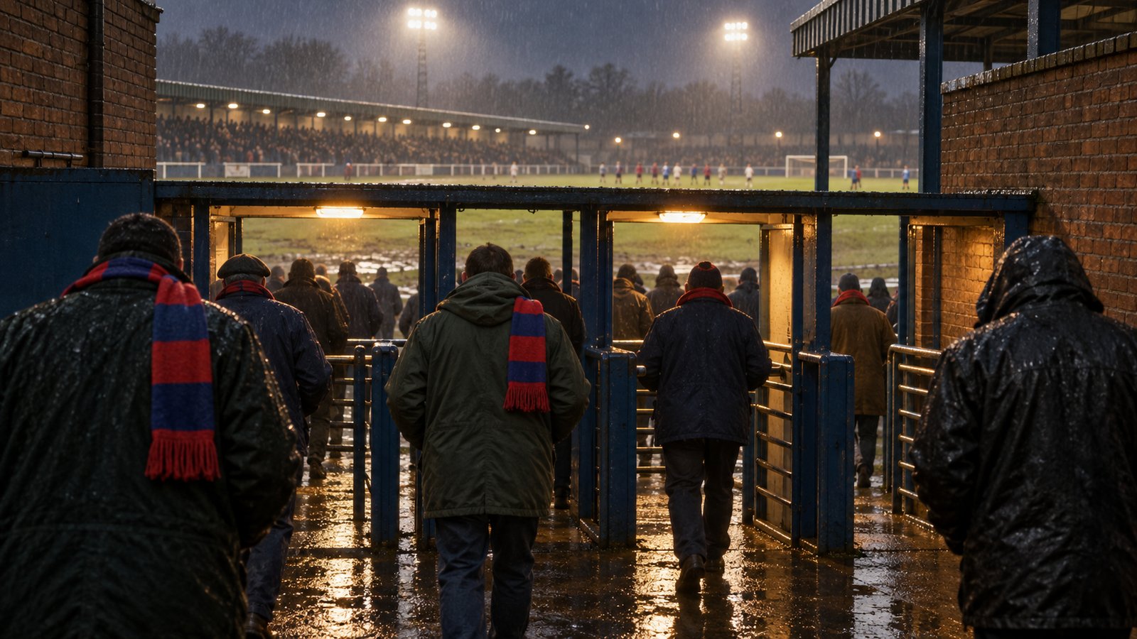 Supporters entering a small English lower-league ground through rain in the early 1990s