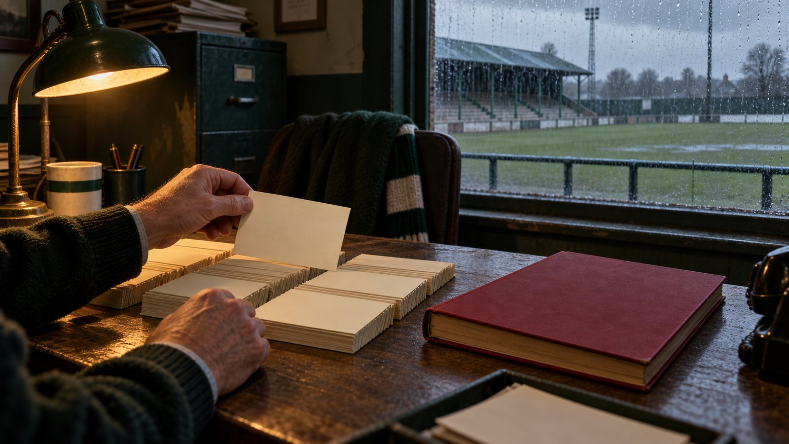 A stark football league table being revised beside match programmes and an empty stadium office