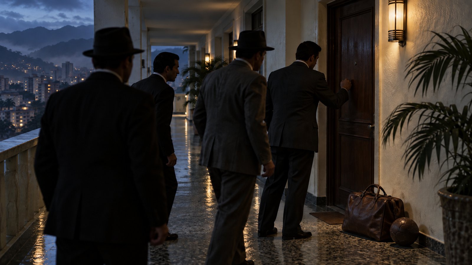 Four fictional men in plain 1960s suits approaching an unmarked door in a Caracas hotel corridor