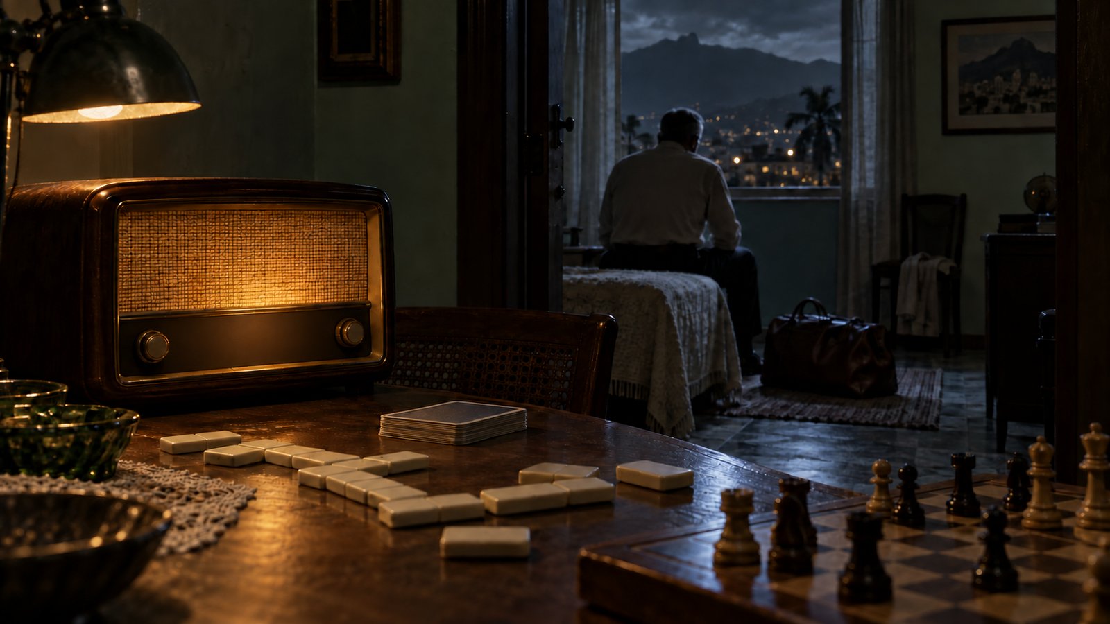 A tabletop radio beside dominoes in a sparse 1960s room while a football broadcast plays