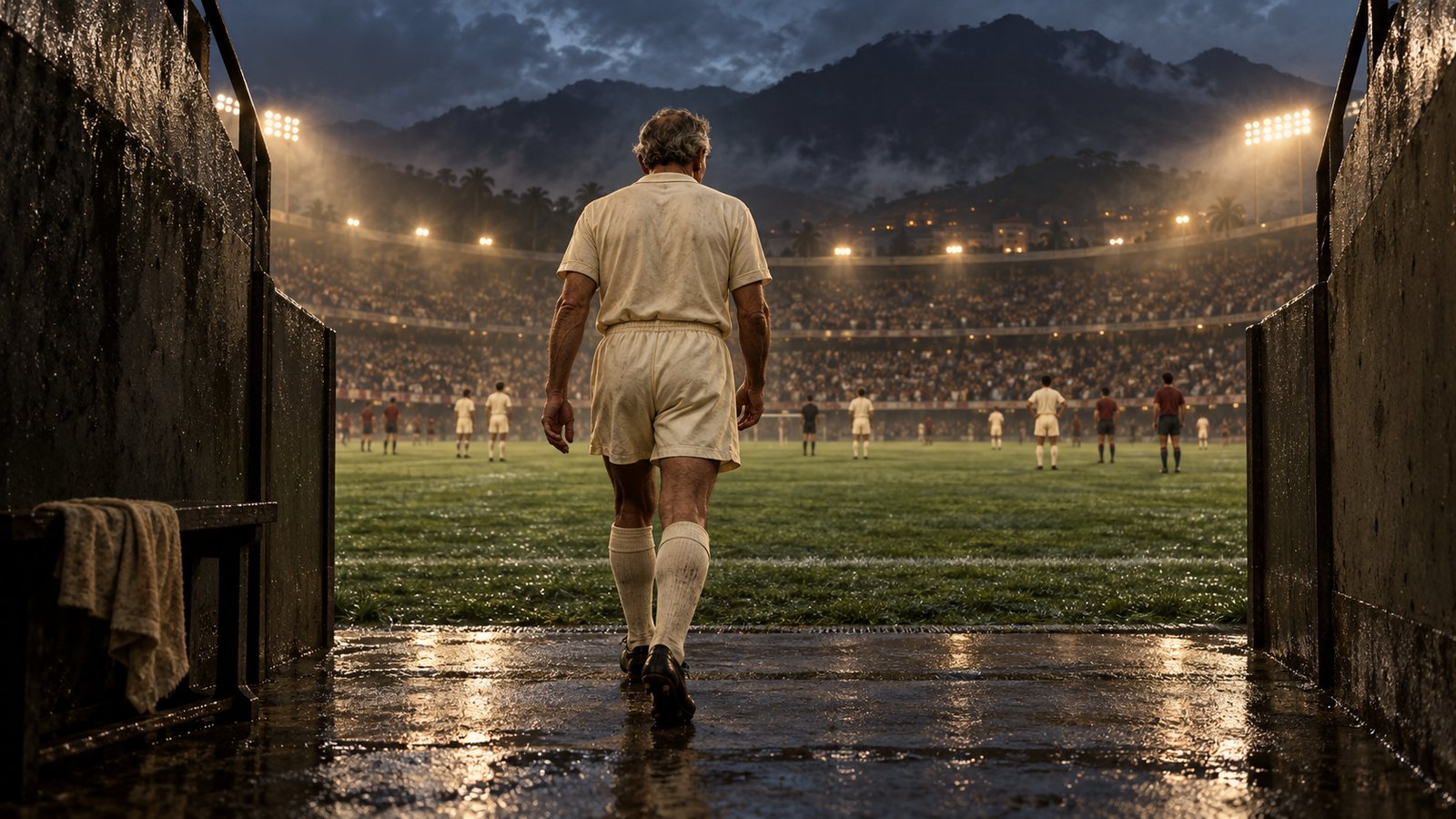 A fictional veteran footballer seen from behind walking toward a floodlit Caracas pitch after a sudden absence