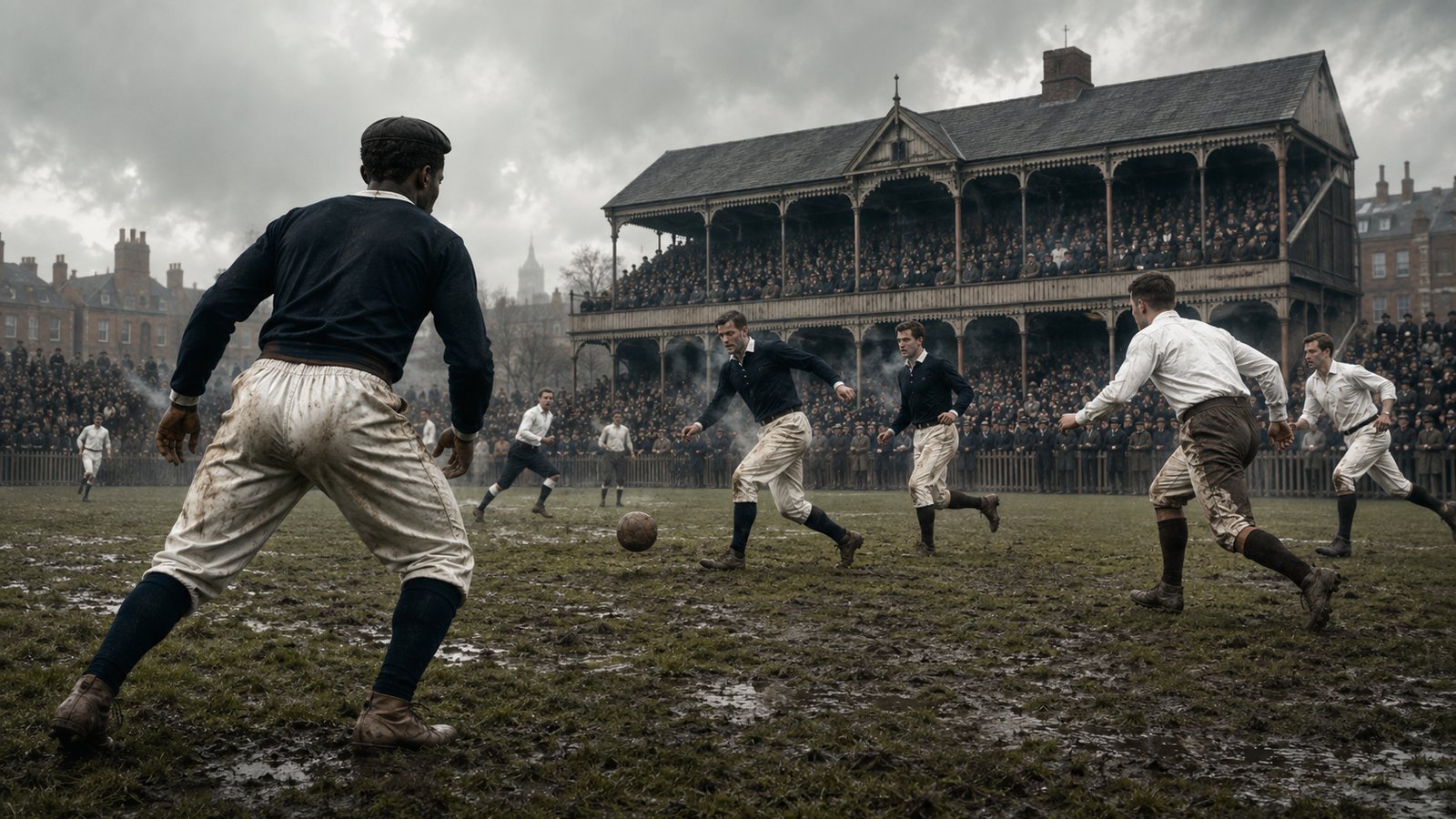 A wide 1881 football match at The Oval with an unbranded Scotland side in period kit building a passing move