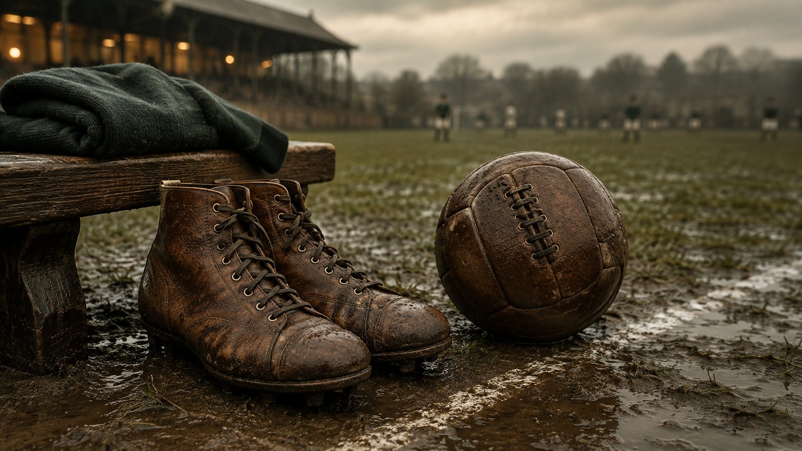 Close wide view of brown leather 1880s football boots beside a period ball on a muddy touchline