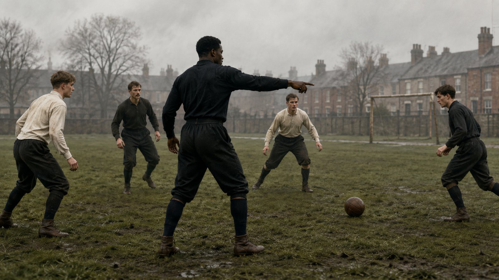 Wide Victorian football training scene with an unbranded full-back directing teammates through a short passing exercise