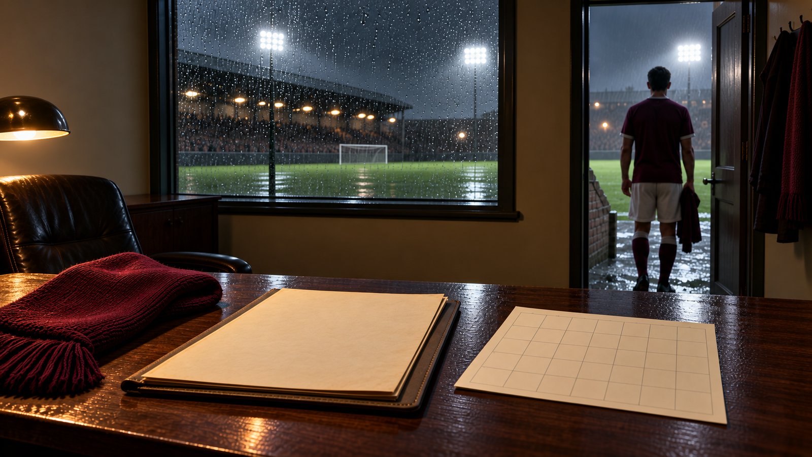 A contract folder and calendar on a plain desk inside a fictional Scottish football office