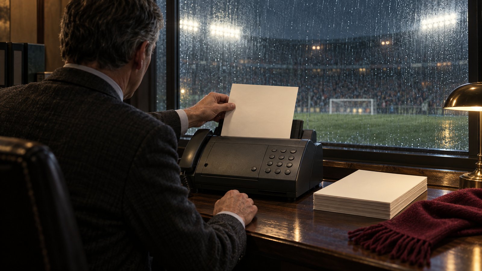 A fictional football administrator feeding plain unmarked pages into a mid-2000s fax machine