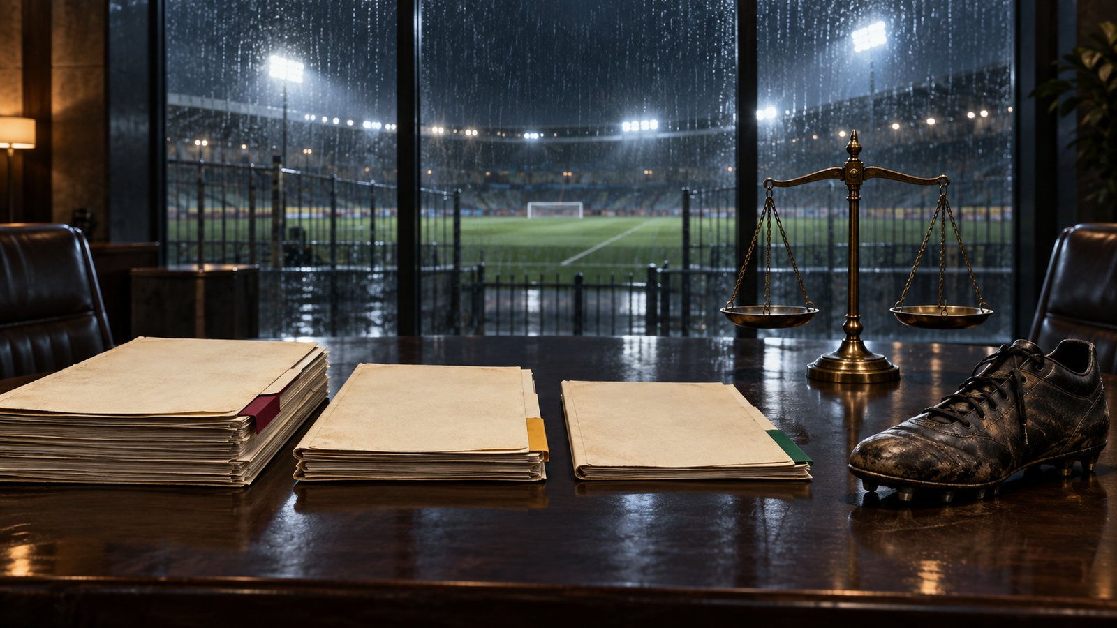 Three plain compensation files marked only by colored tabs on a courtroom table beside a football boot