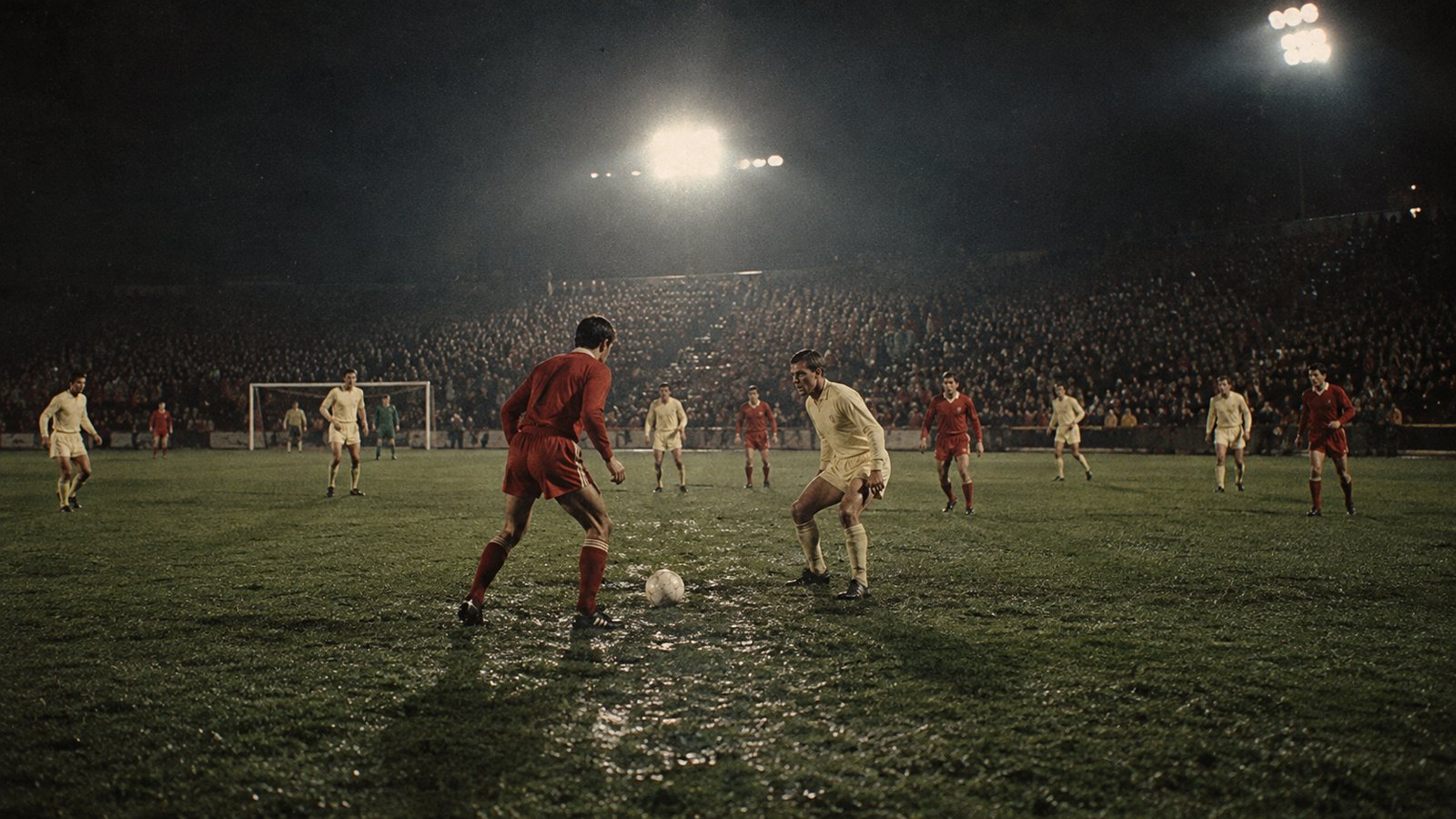 A tense late-1980s English night match at a generic packed ground
