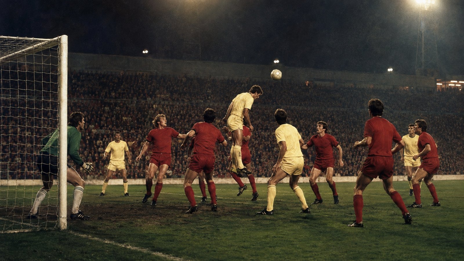 A narrow free kick delivery and a glancing header in a crowded box