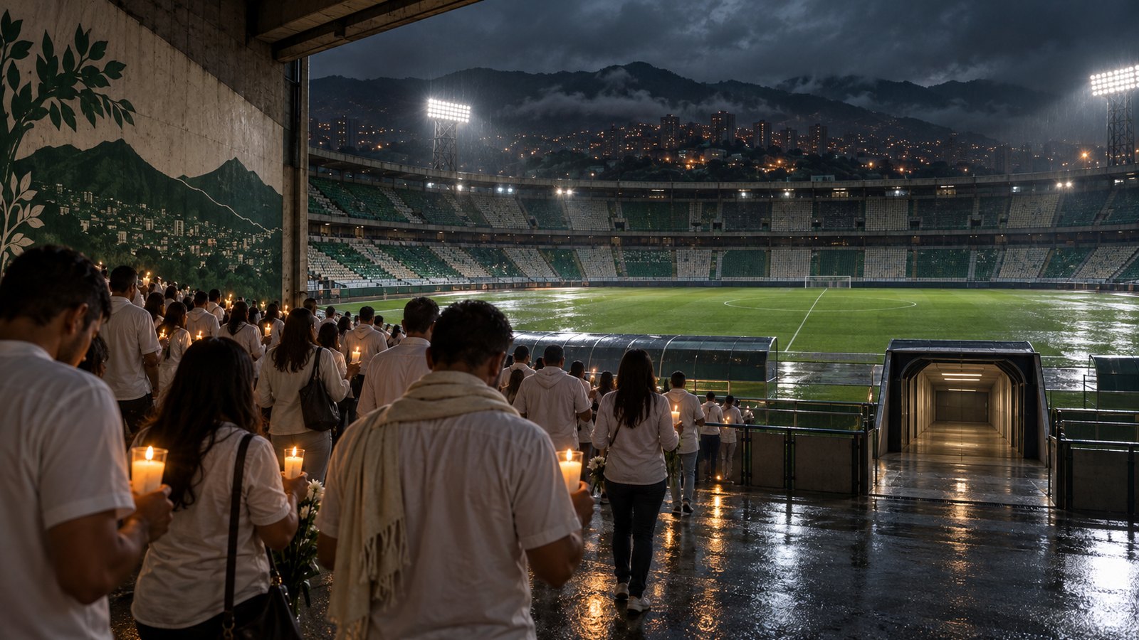 A wide view of a fictional Medellín football stadium at dusk as supporters in white gather with candles