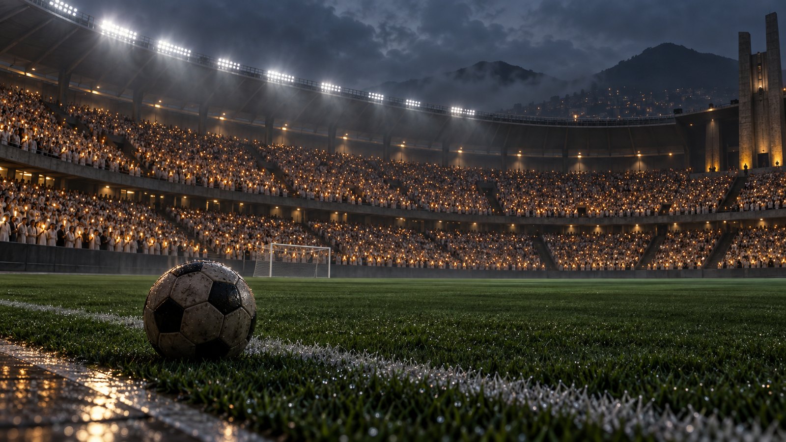 An empty football pitch under floodlights with a match clock at 6:45 and candlelight filling the stands
