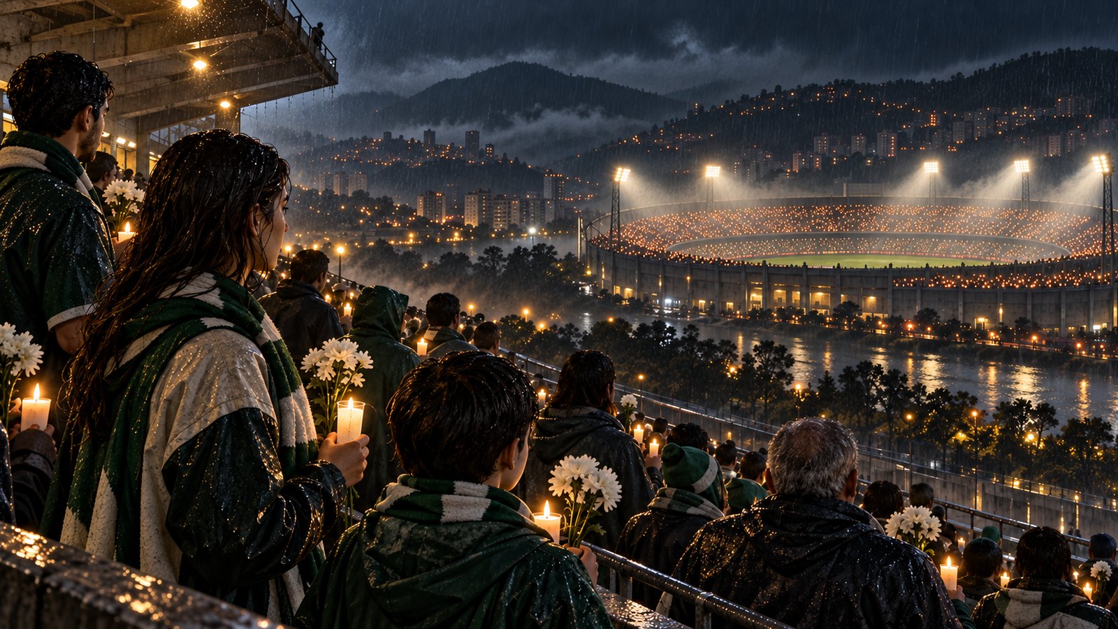 Supporters in Colombia and Brazil holding a quiet football vigil beneath rain-darkened stadium roofs