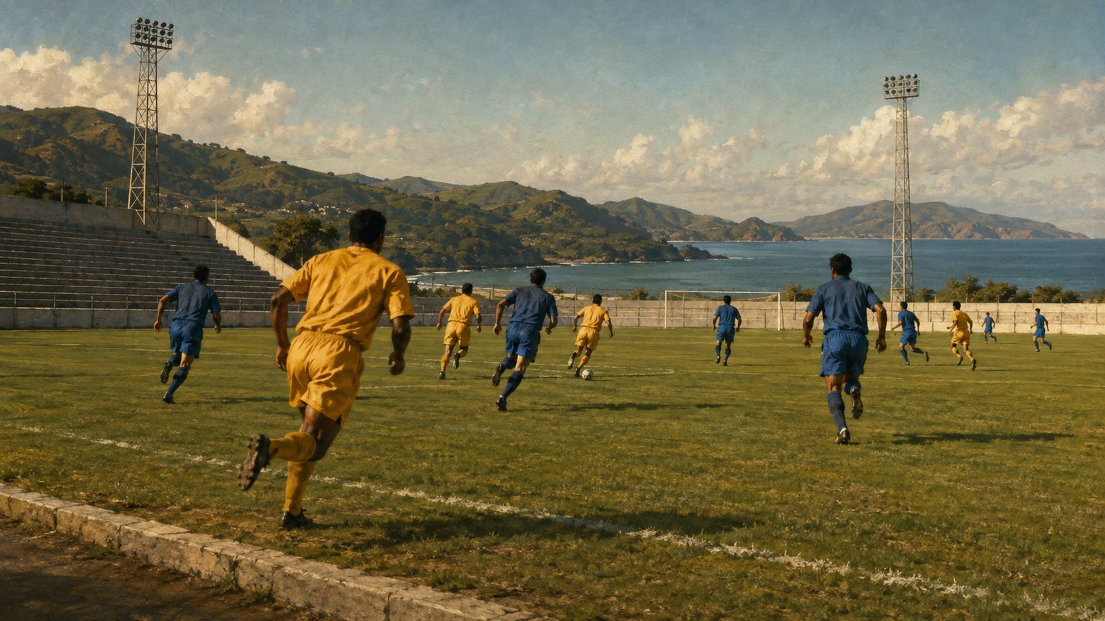 A generic Pacific national-team match under bright midday light