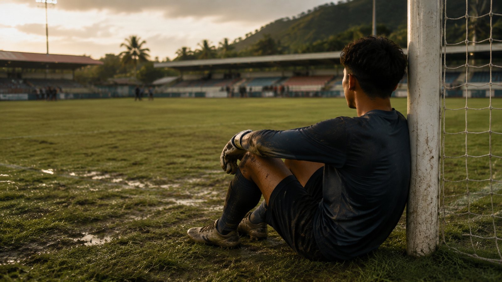 An exhausted teenage goalkeeper before a simple net