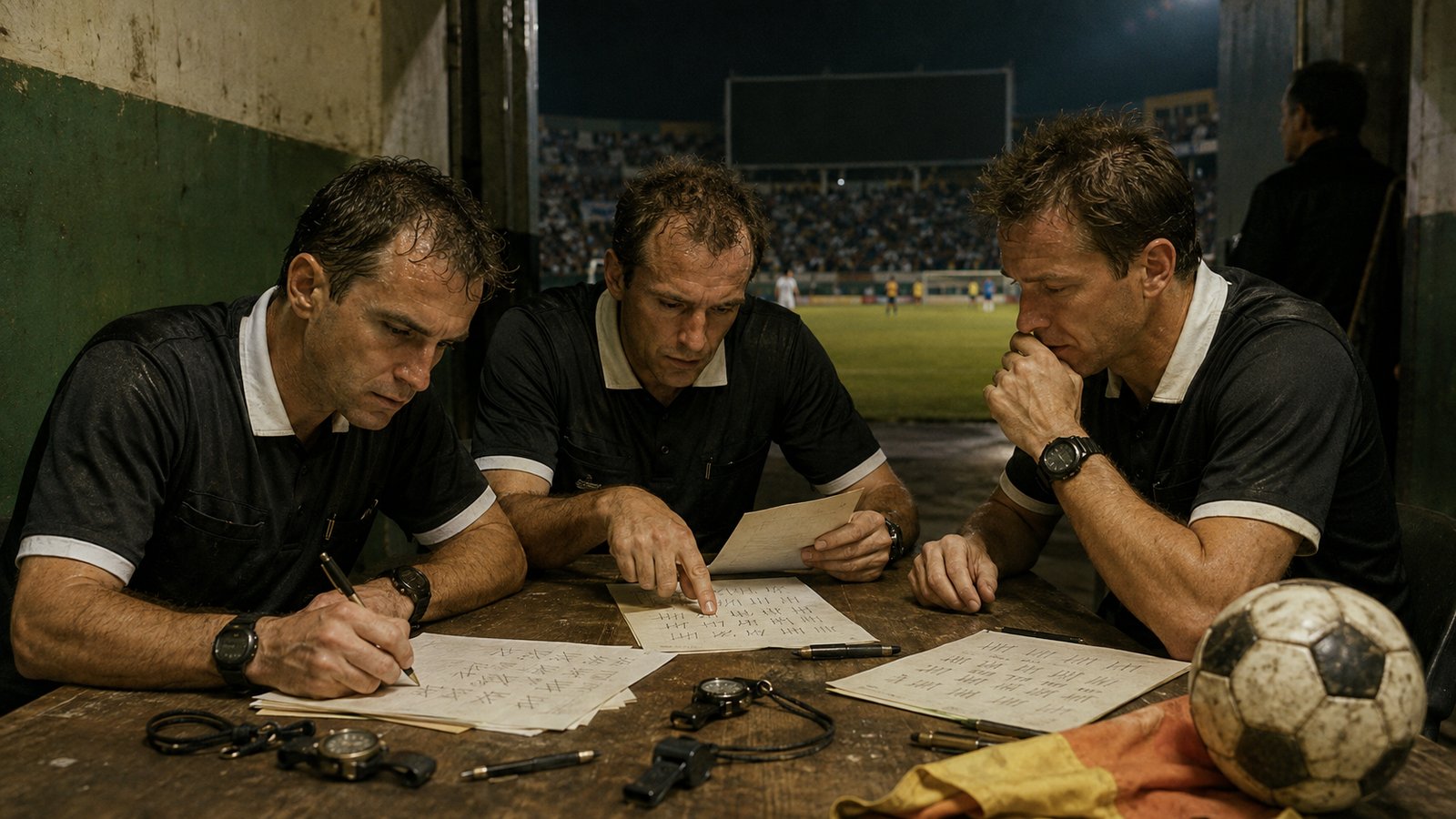A sparse scoreboard and officials checking handwritten figures