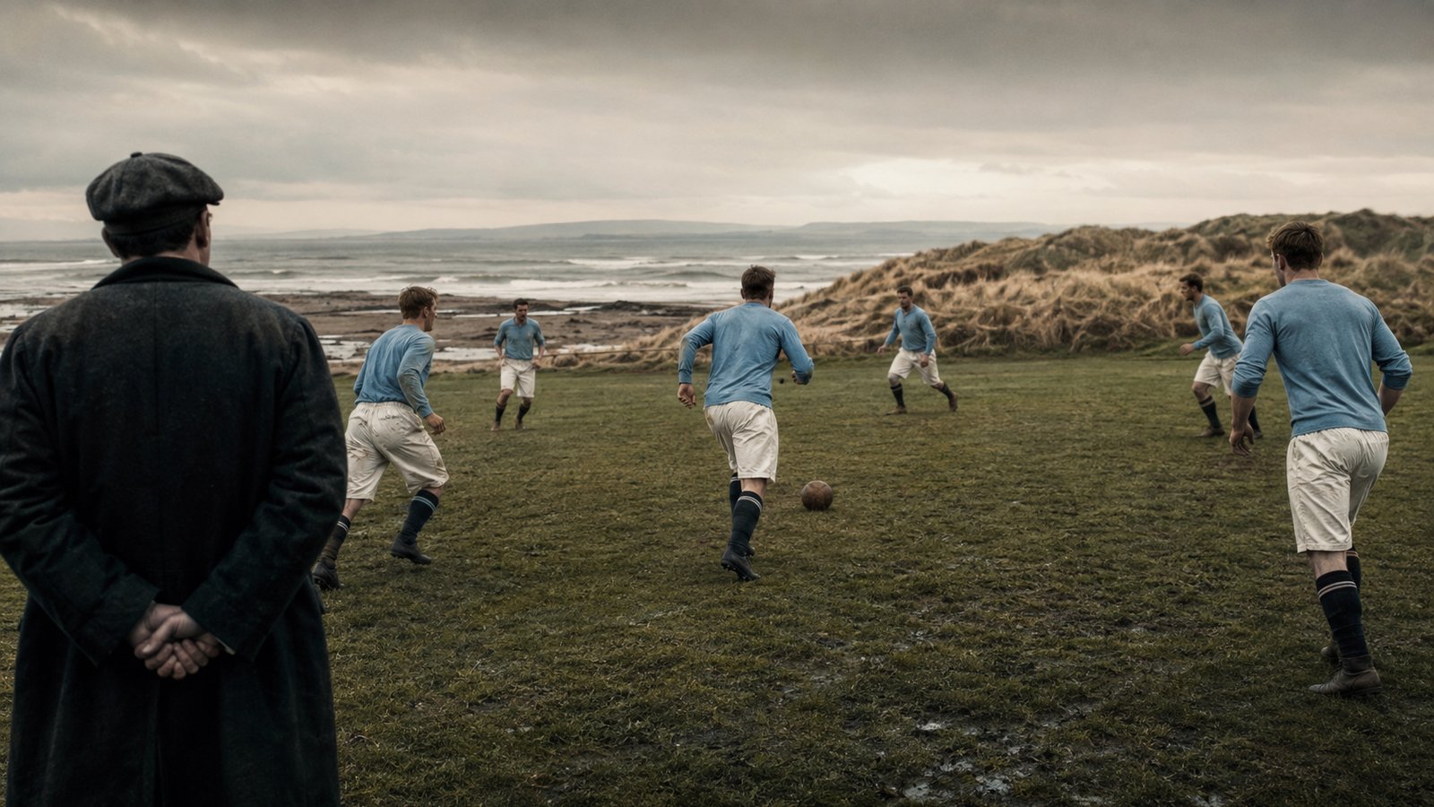 Anonymous 1880s footballers train beside the sea under a coach's direction